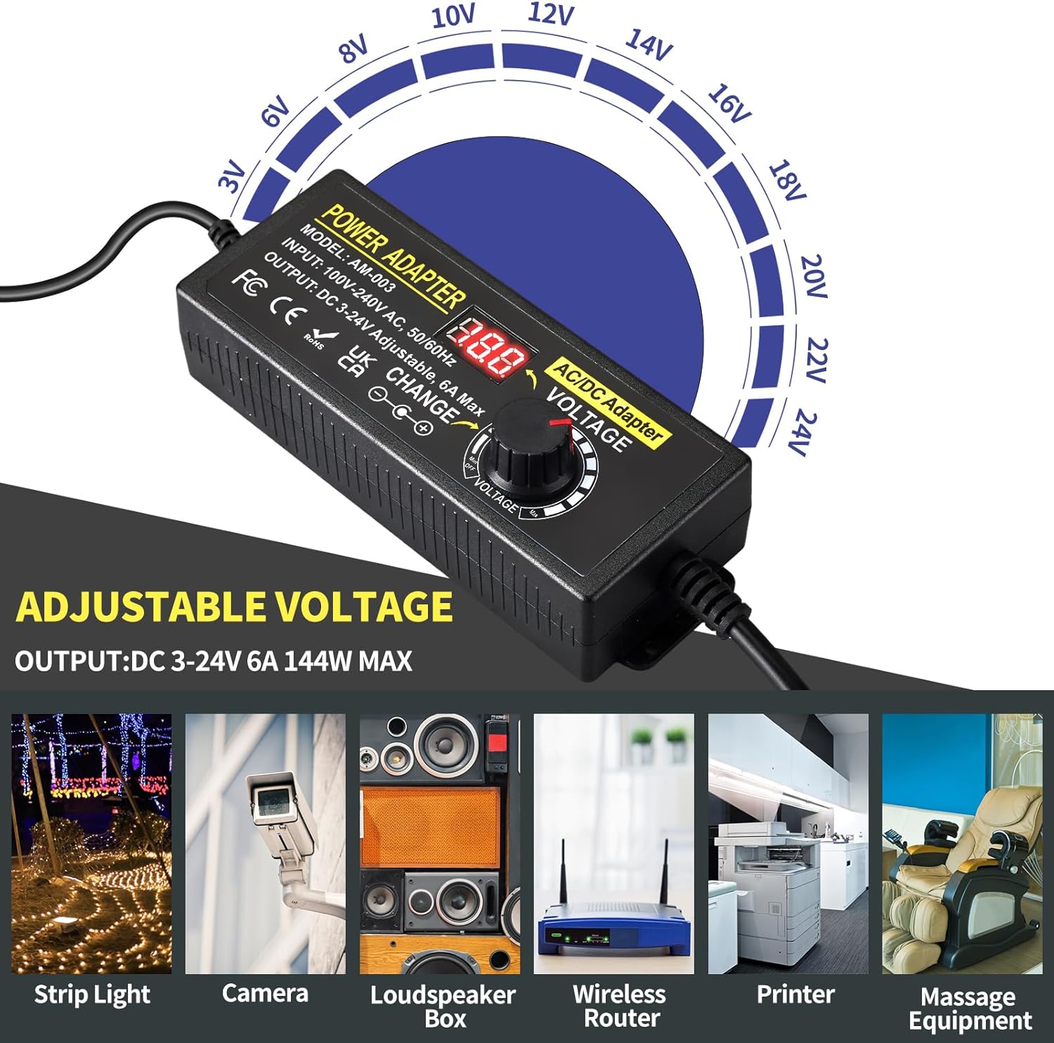 Adaptador de fuente de alimentación ajustable de 144 W 3 V  24 V 6 A Adaptador de corriente de conmutación variable universal 100V-240V AC a DC