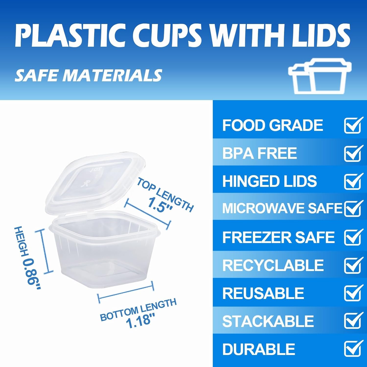 Recipientes cuadrados de plástico de 1 oz con tapas (paquete de 200), vasos transparentes de 1 onza con tapas, tazas pequeñas de 1 onza con tapas,