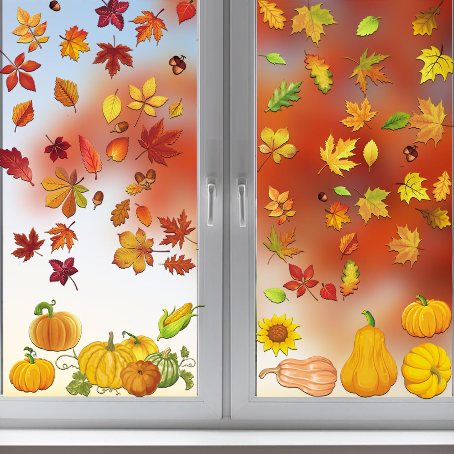 Hojas de otoño, calcomanías extraíbles de calabaza para ventana, de doble cara, otoño, Acción de Gracias, para el hogar, aula, oficina, decoración