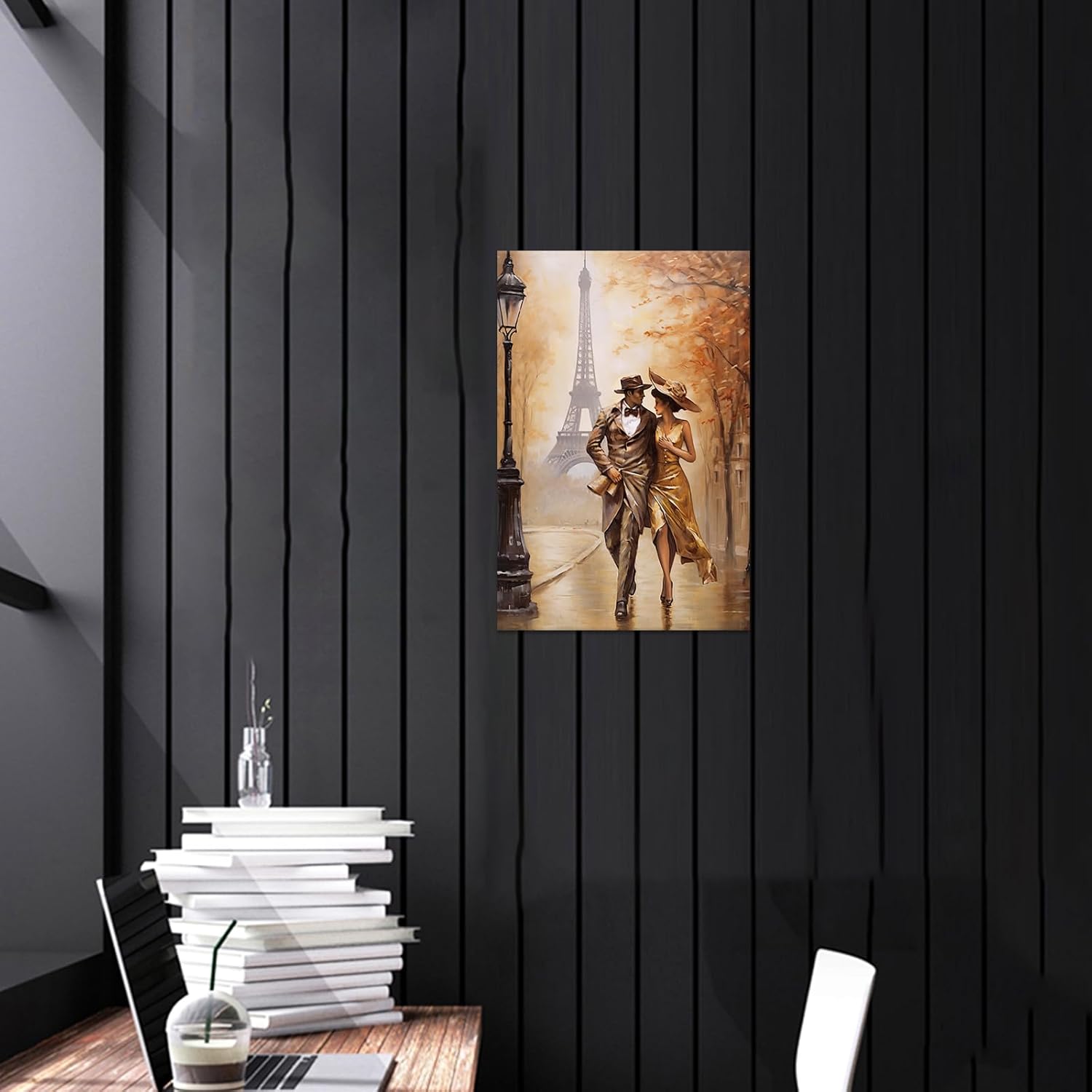 Arte de pared de París, arte en lienzo de la Torre Eiffel con decoración, pintura abstracta de oro para amantes de la calle, obra de arte romántica