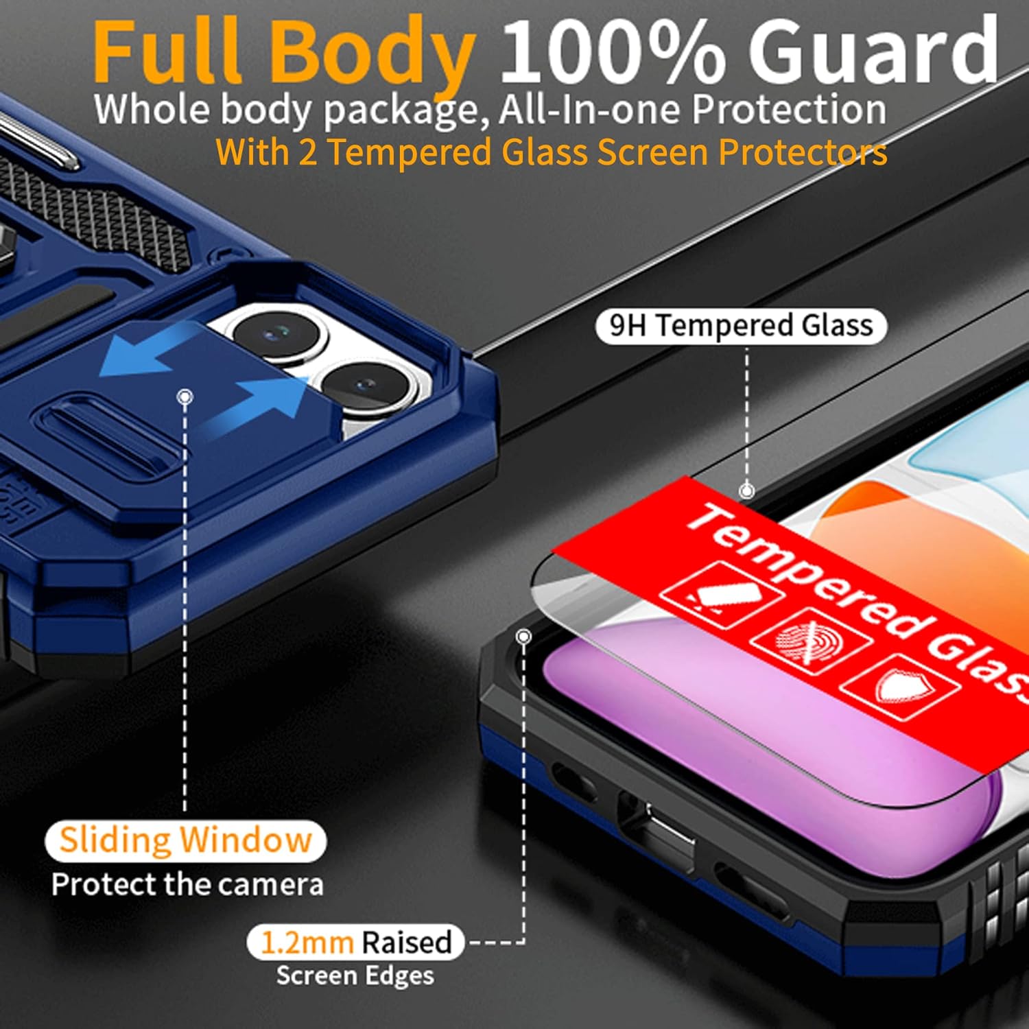 Funda para iPhone 11 con 2 protectores de pantalla de vidrio, funda con función atril para iPhone 11 con cubierta deslizante para cámara y soporte