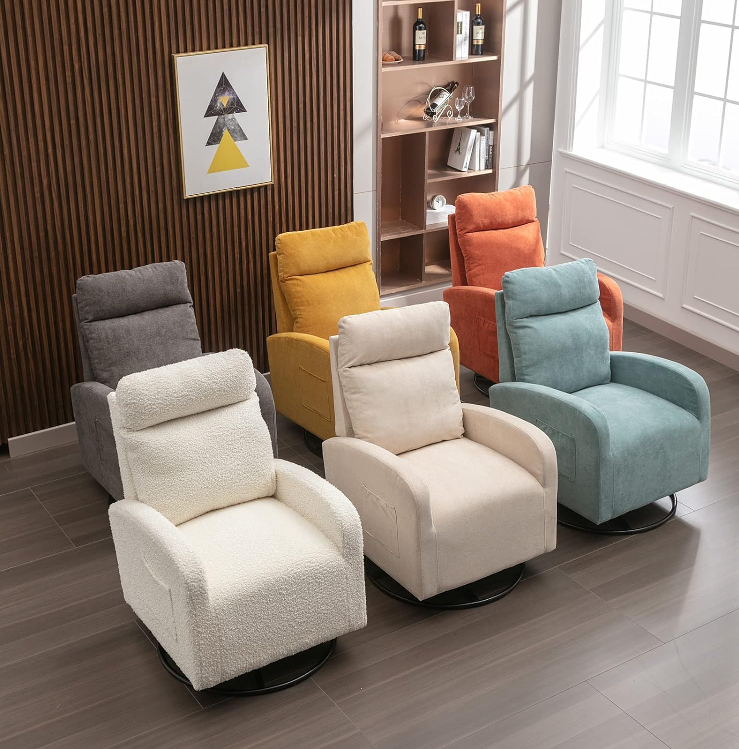 Kurhwyss Silla giratoria para guardería, moderna silla mecedora con respaldo alto y bolsillo de almacenamiento, mecedora tapizada con base de metal