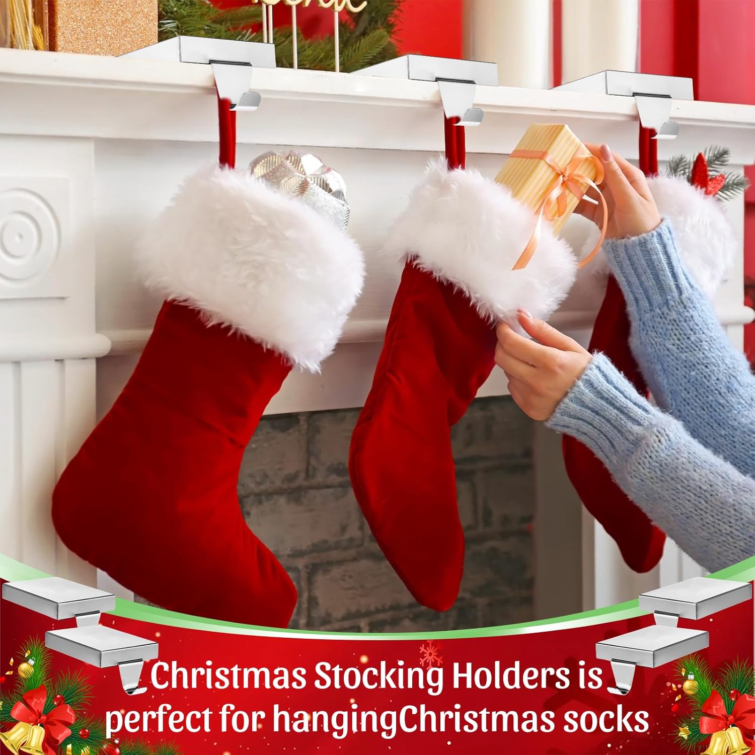 Zonon Soportes de calcetines de Navidad de metal para manto, ganchos colgantes para calcetines de Navidad, soporte para calcetines para vacaciones,