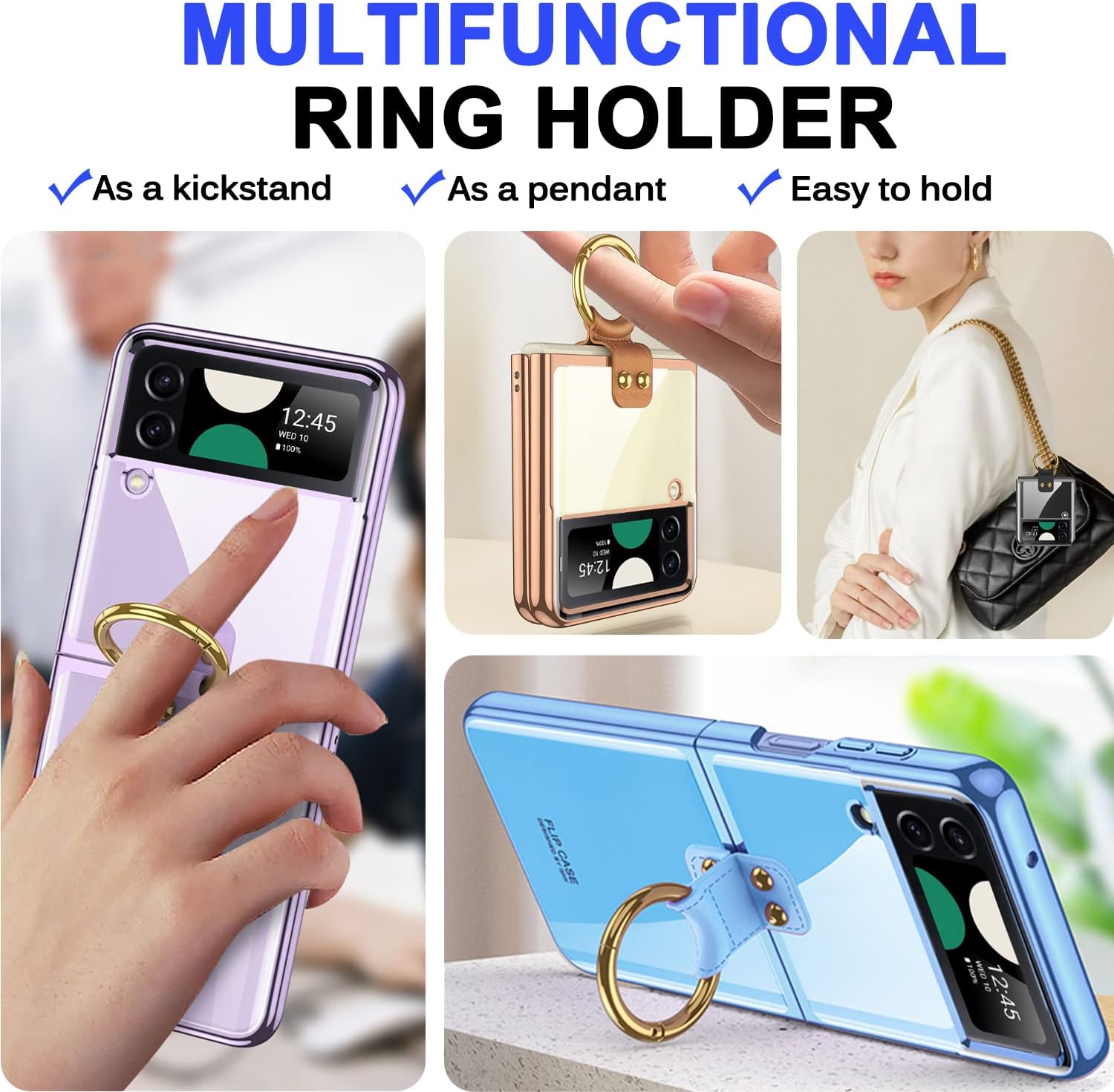 Miimall Funda para Samsung Galaxy Z Flip 4, funda Z Flip 4 con protector de pantalla + soporte de anillo, delgada, de lujo, transparente, de