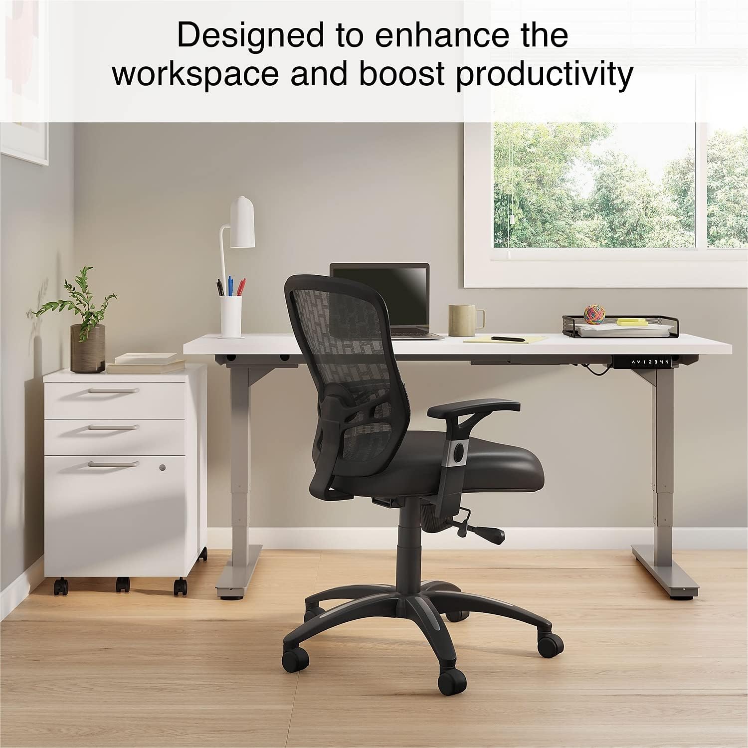 STAPLES Corvair Luxura – Silla de escritorio y computadora de piel sintética con respaldo de malla, color negro, paquete de 2 (59455-CVS)