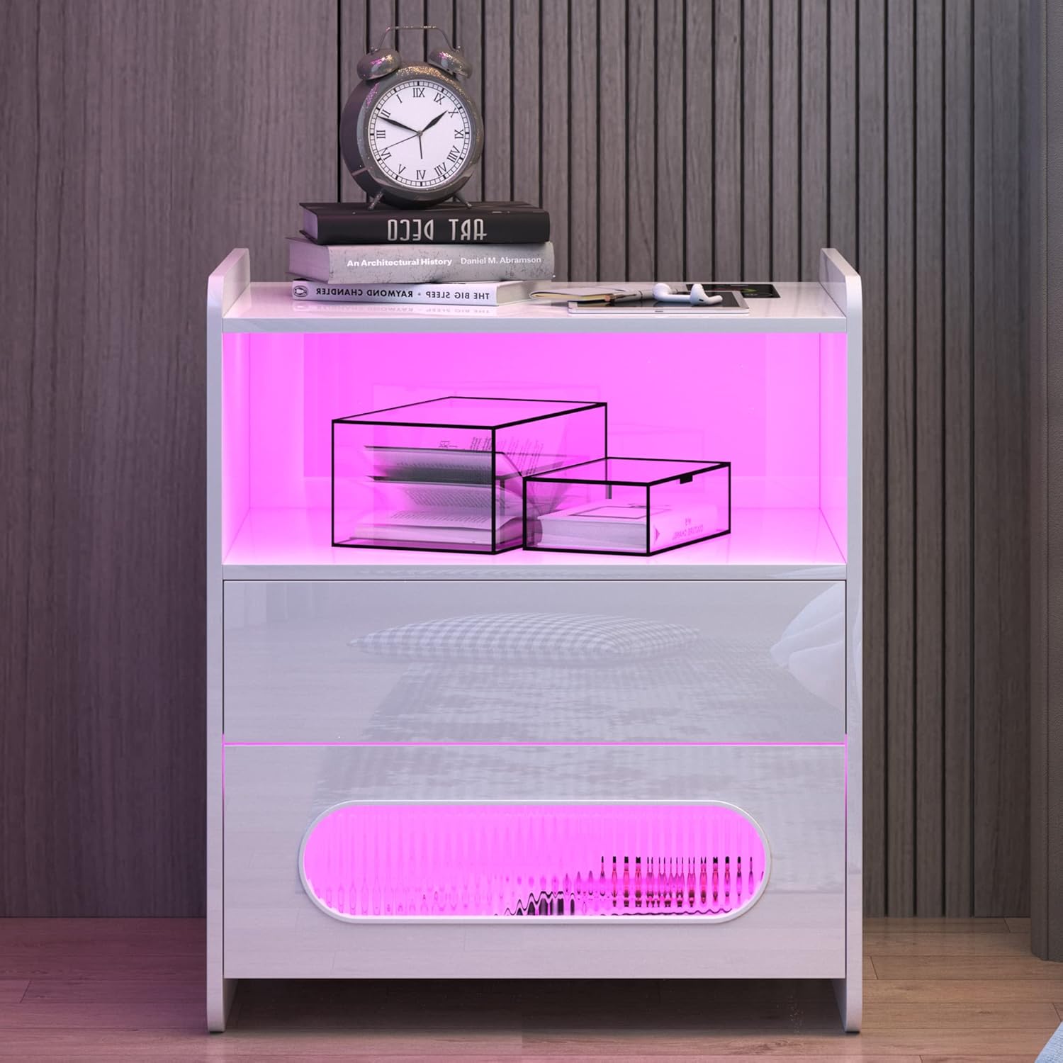 dnbss Mesita de noche LED RGB con estación de carga, moderna mesita de noche con cajones de almacenamiento de joyas, soporte de noche inteligente