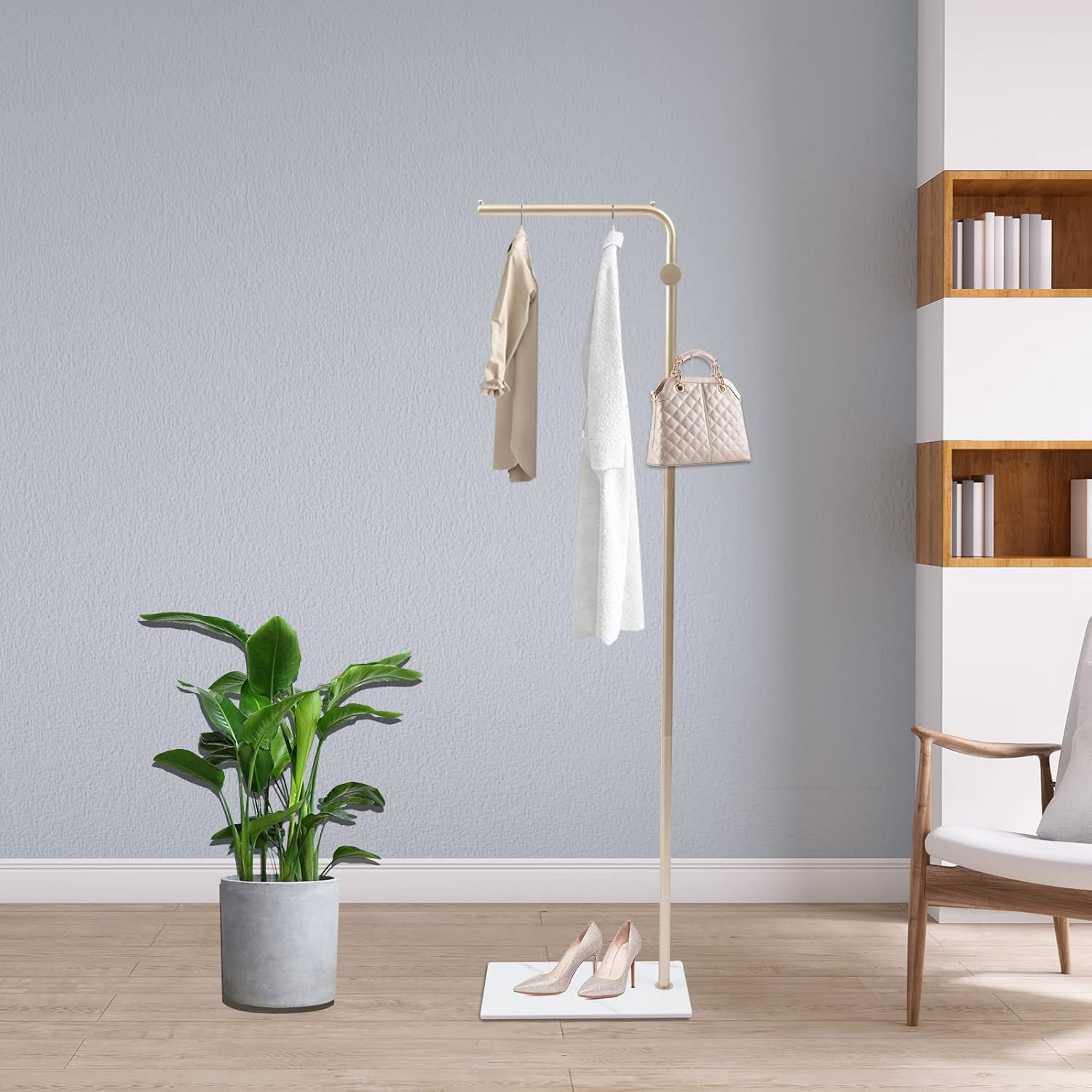 Perchero de metal independiente, moderno árbol de ropa con base de mármol natural, perchero de metal con 3 ganchos para entrada y esquina, perchero