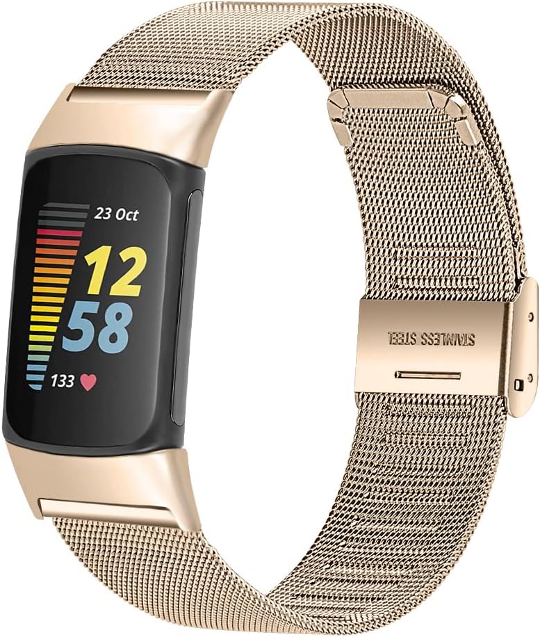 FitTurn Correa delgada para reloj inteligente Fitbit Charge 6Charge 5, correa de reloj ajustable de malla de acero inoxidable, correa femenina de