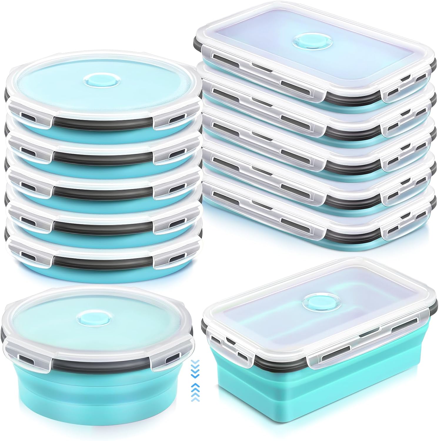10 recipientes plegables de silicona grandes de 40.6 onzas con tapas herméticas, apilables, recipientes de almuerzo para cocina, viajes, microondas,