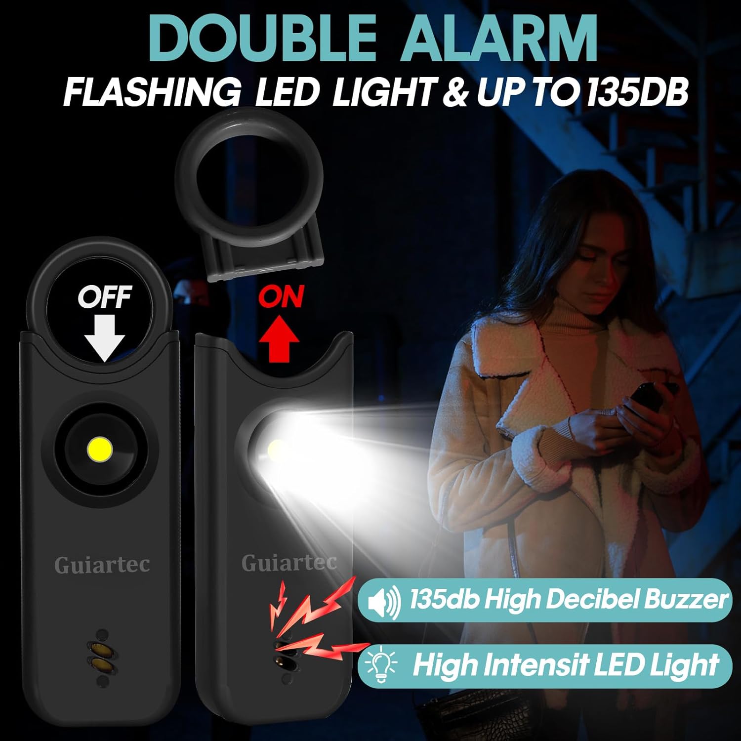Alarma de seguridad personal recargable para mujeres, llavero de autodefensa de 135 dB con luz estroboscópica LED, dispositivos de seguridad de