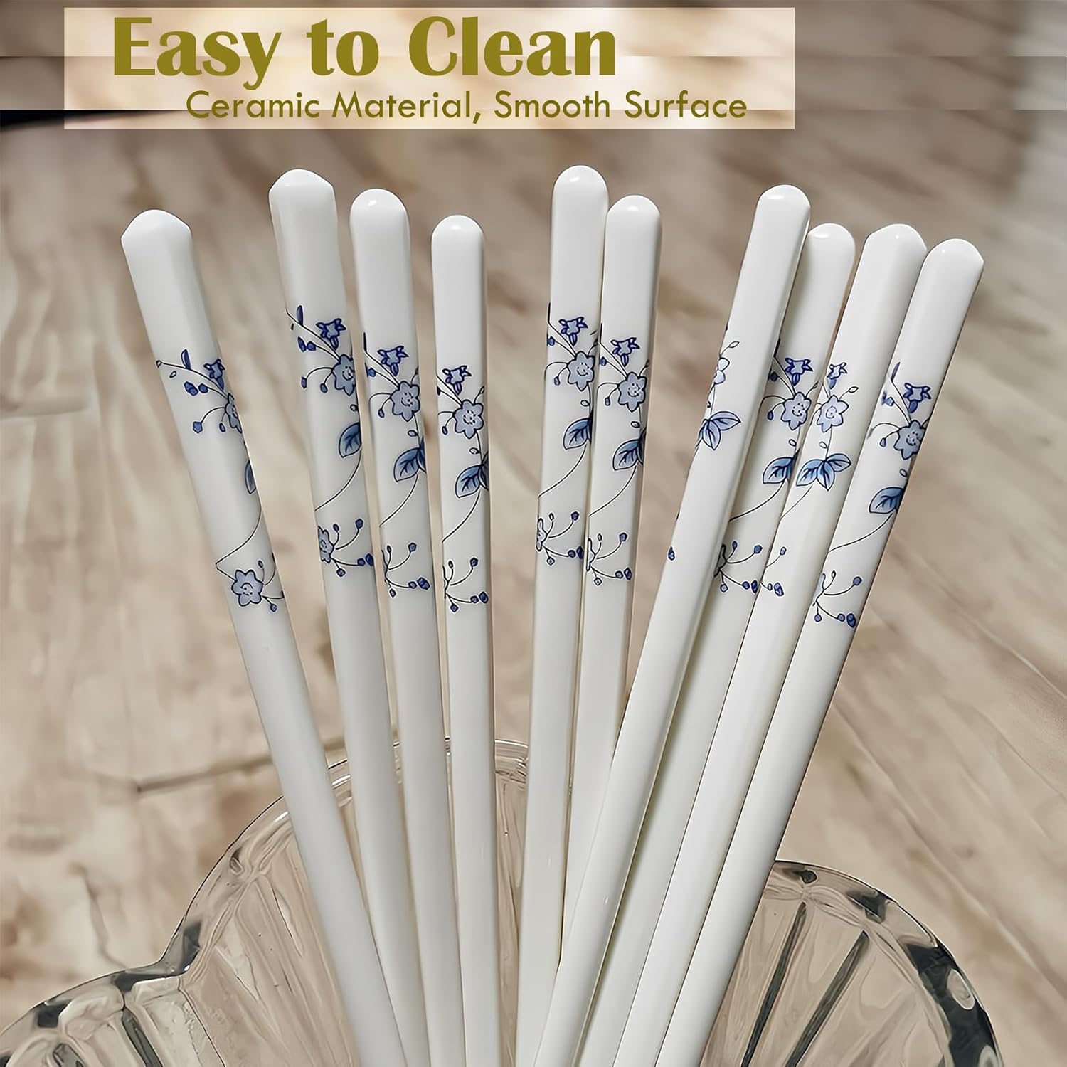 Palillos de cerámica reutilizables, 5 pares, aptos para lavavajillas, palillos azules, 9.7 pulgadas (estrellas azules)