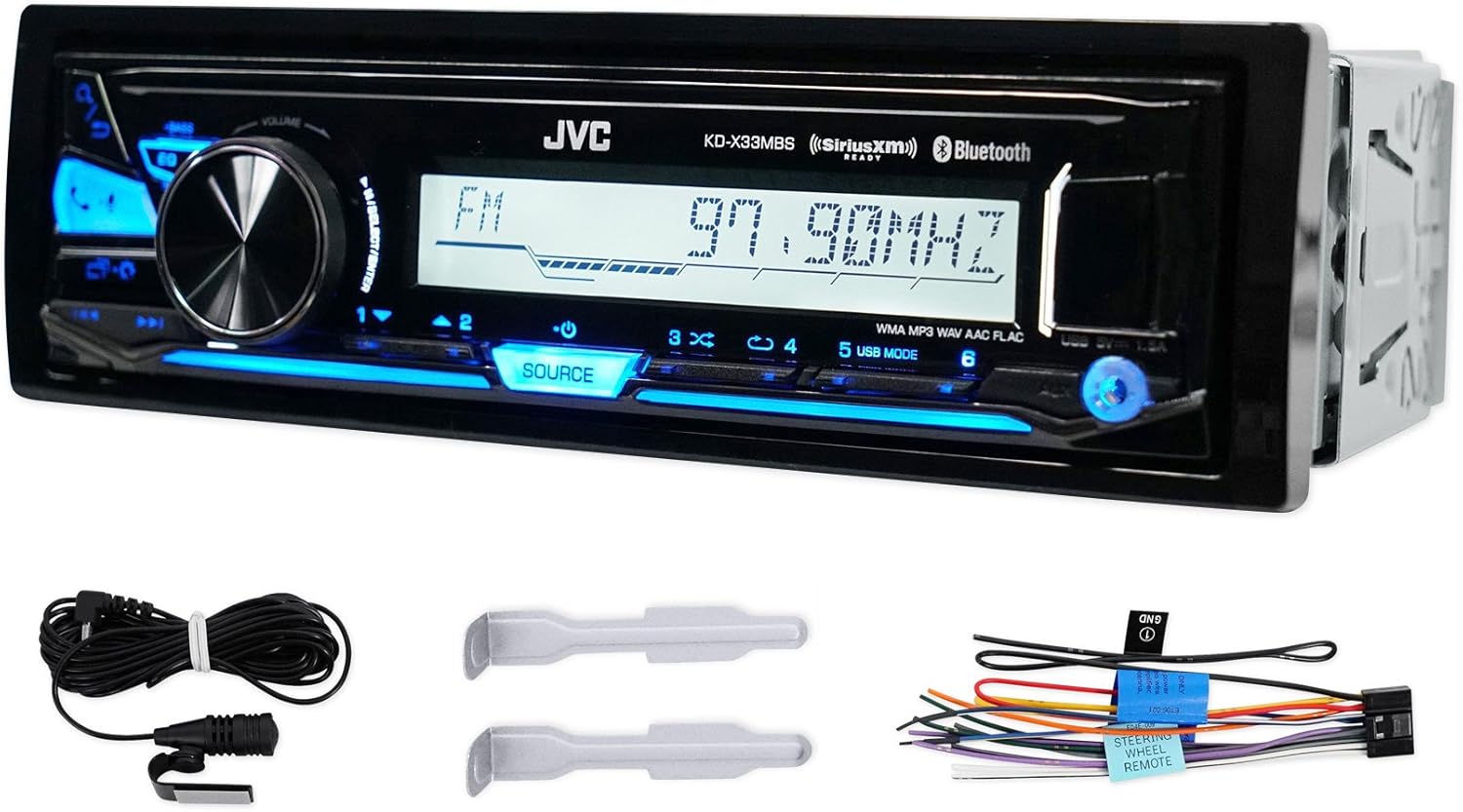 Paquete JVC KD-X33MBS – Receptor de medios digitales marinos de 1DIN con Bluetooth, USB y control Pandora + par de altavoces Kicker 41KM604W 6.5