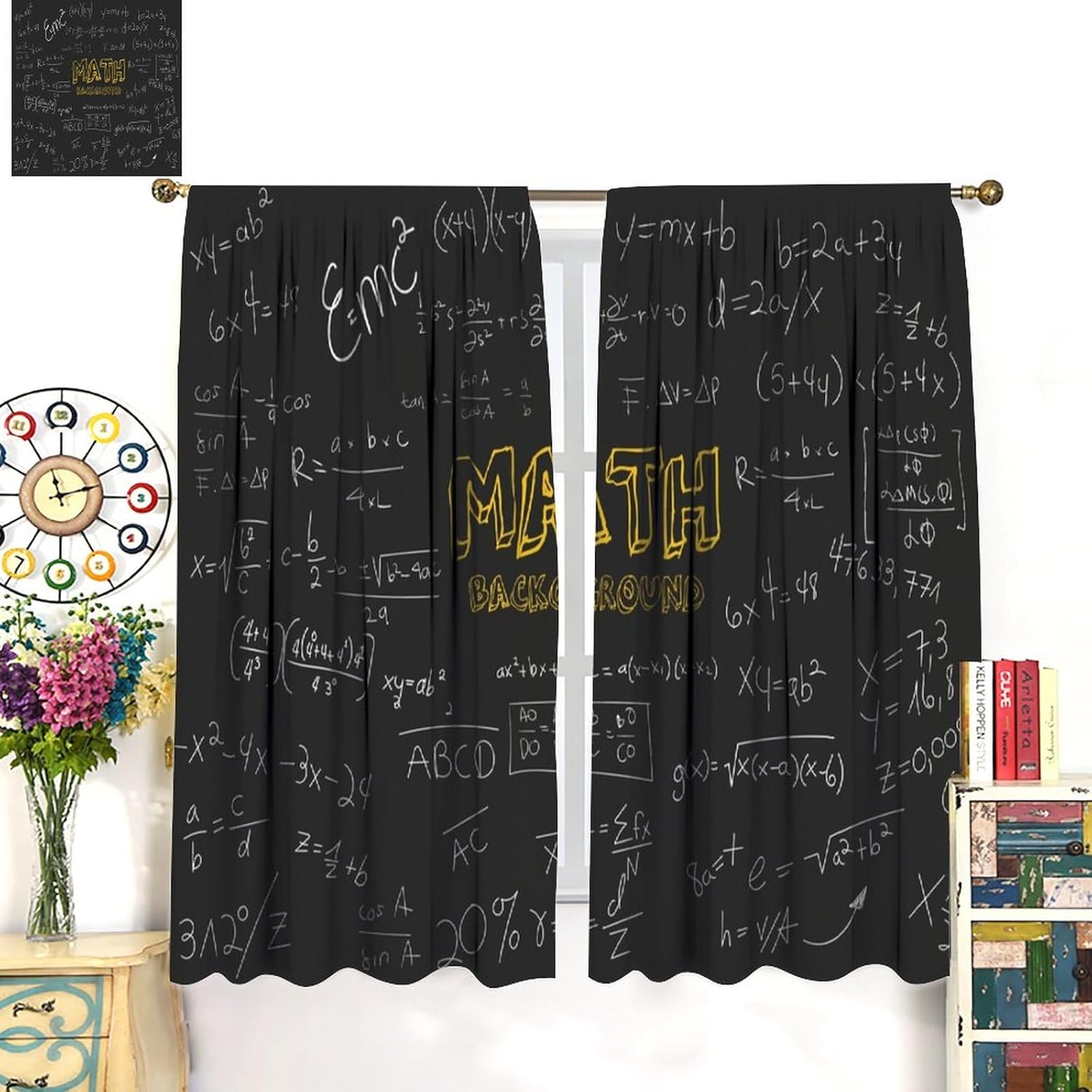 Cortinas de pizarra de matemáticas, diseño geométrico, matemáticas, física, fondo negro, cortinas opacas con bolsillo para barra, para dormitorio,