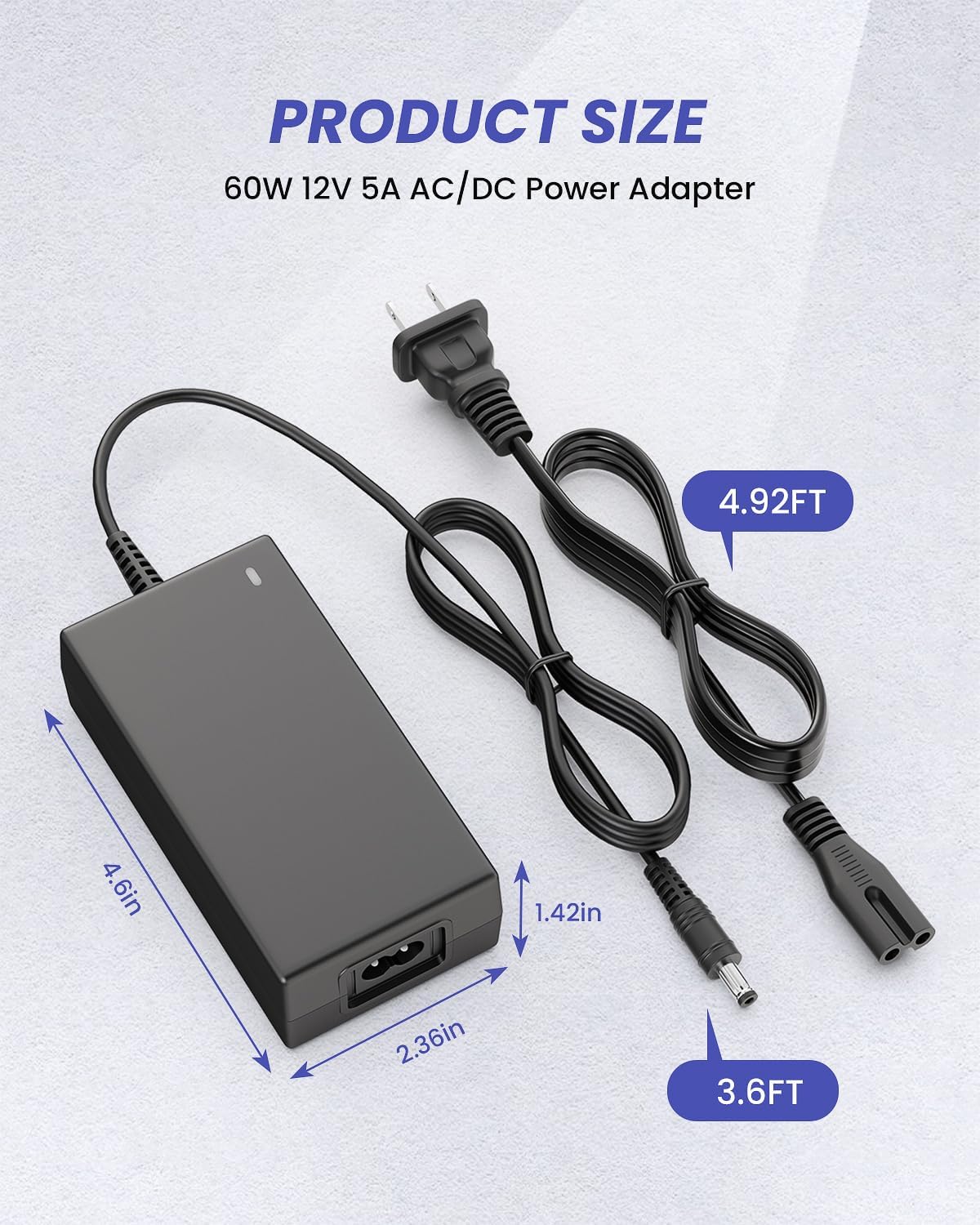 Fuente de alimentación de 12 voltios, 5 amperios, 60 W, adaptador de CA 100-240 V para tira de luz LED, enrutador inalámbrico, gatos ADSL, HUB,