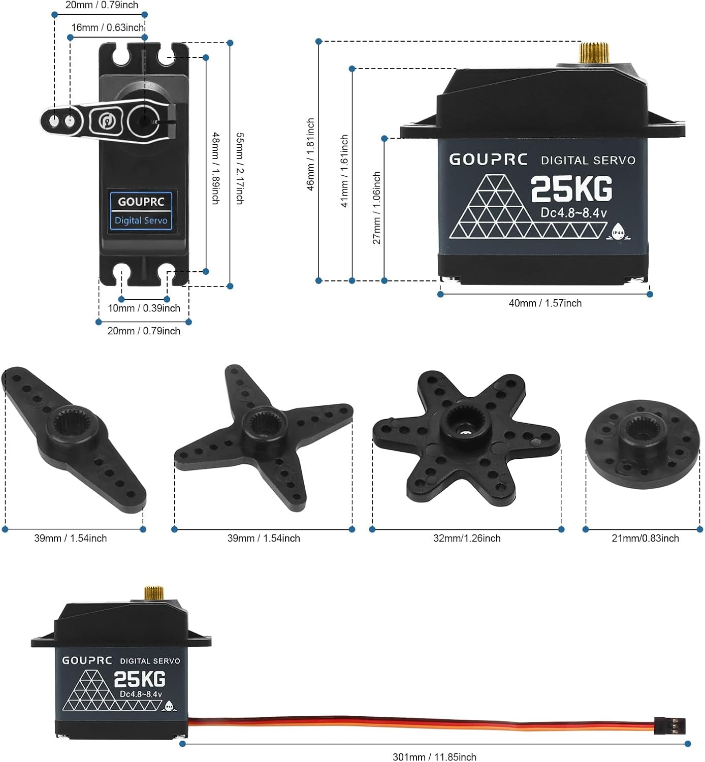 GOUPRC – Servo digital de alto par de torsión de 55.1 lbs, resistente al agua y de acero inoxidable, servo brazo servo 25T para servo de coche a
