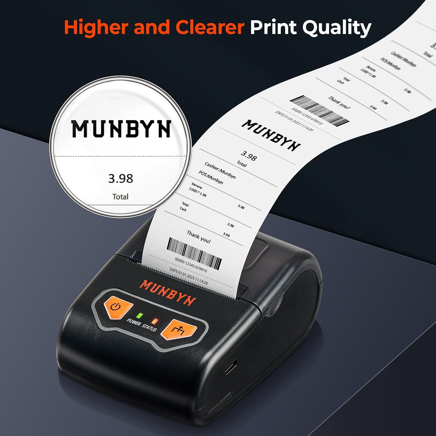 MUNBYN Impresora de recibos Bluetooth, impresora térmica portátil de recibos para pequeñas empresas, ventas minoristas, mini impresora de recibos de