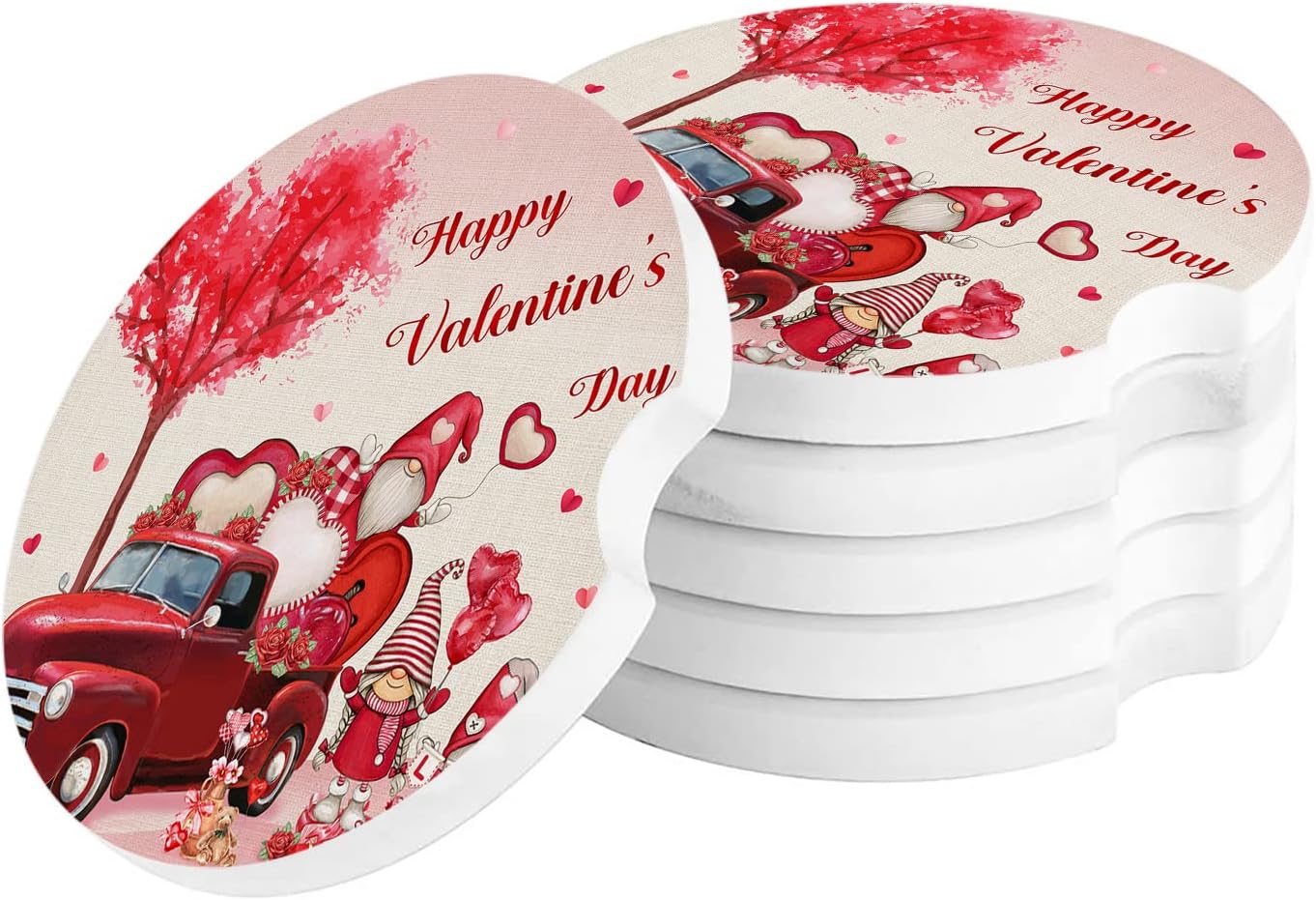2 Packs Car Cup Holder Coaster, Happy Valentine’s Day Rose Gnomes Heart Shape Tree Red Truck Universal Fashion Car Cup Holders for Women Men