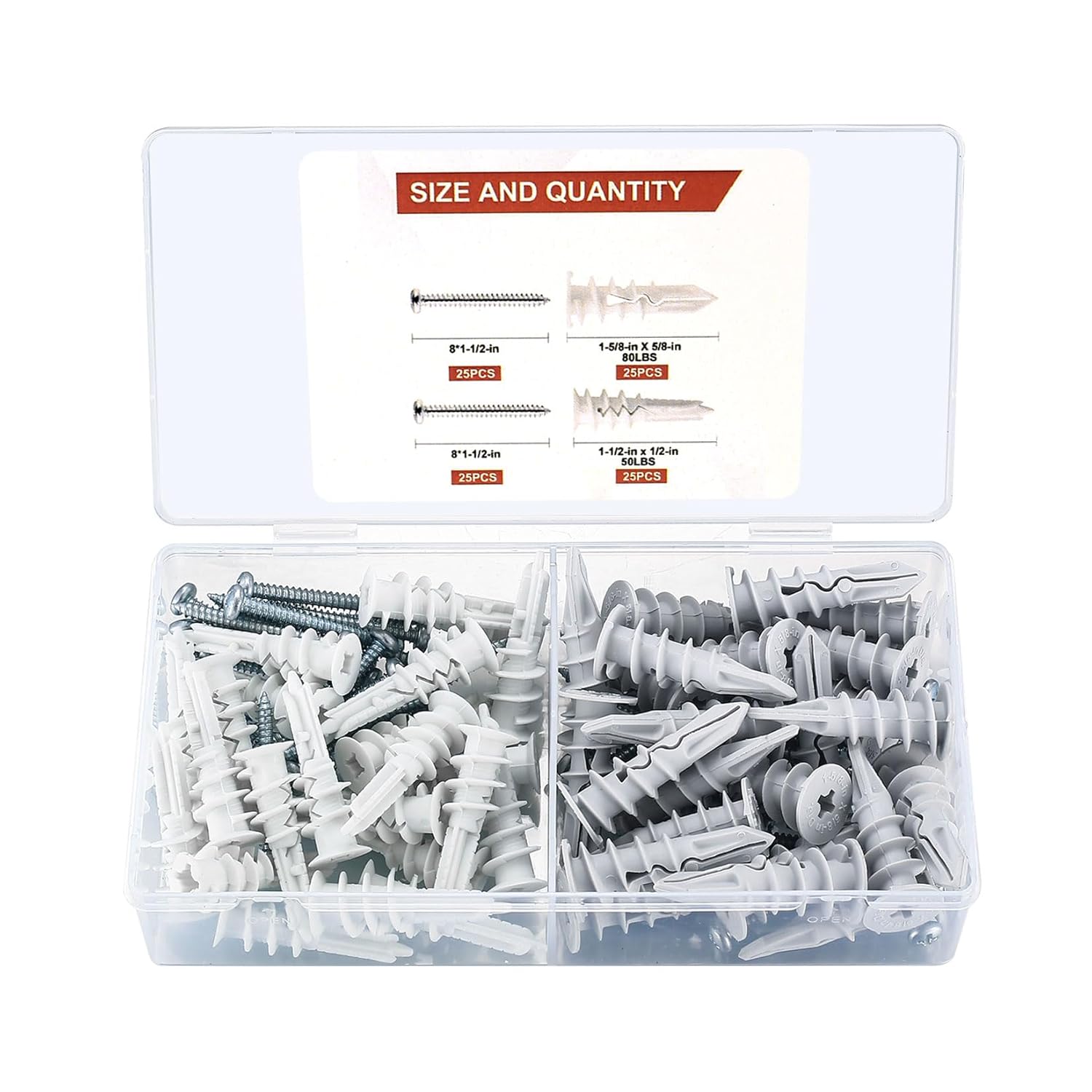 #8 Kit de anclajes y tornillos para paneles de yeso, 100 anclajes de pared autoperforantes y tornillos para paneles de yeso, incluye 50 anclajes de