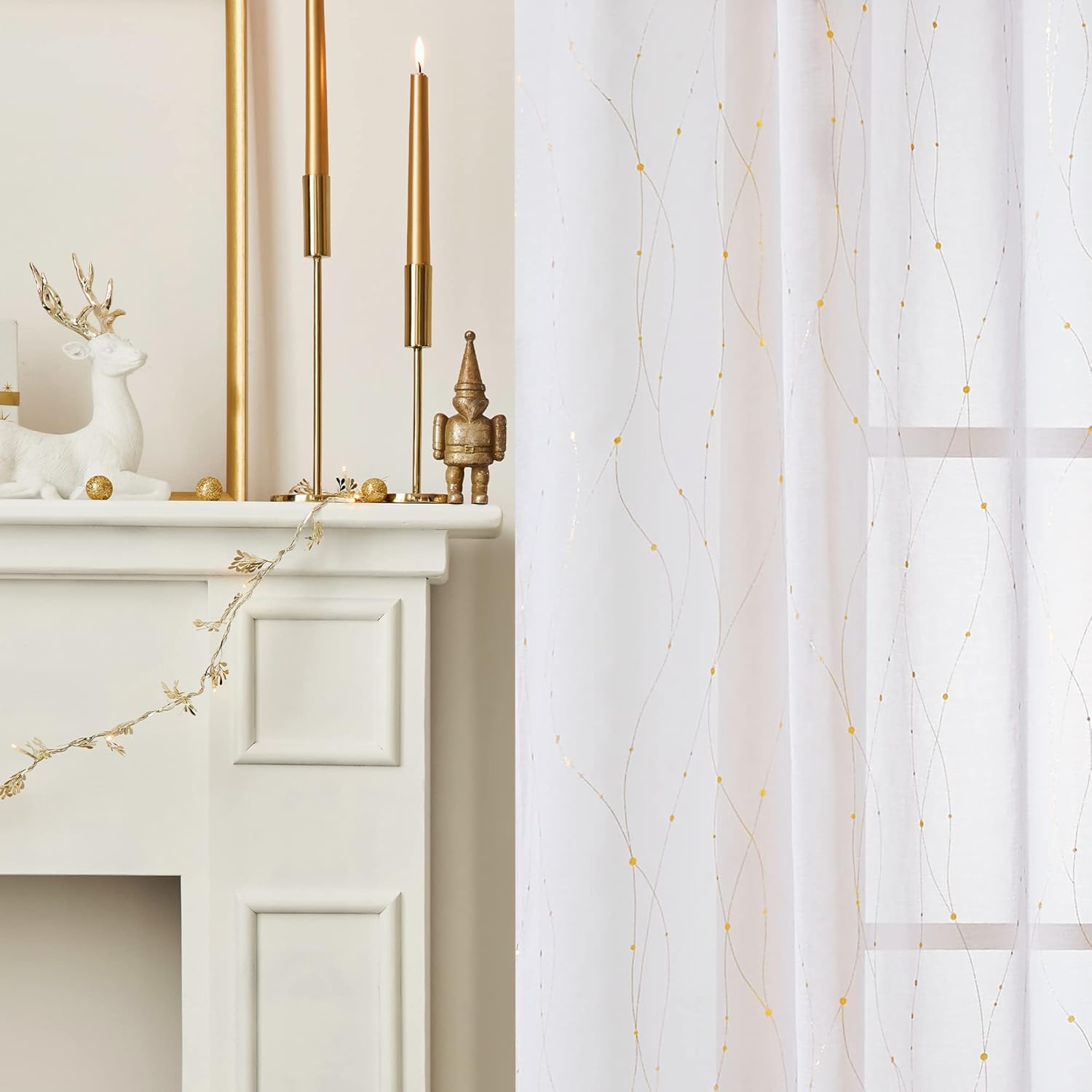 Cortinas Deconovo finas con vuelo y diseño de estampado de líneas onduladas y motas plateadas, con aspecto a lino, con ojales en la parte de arriba,