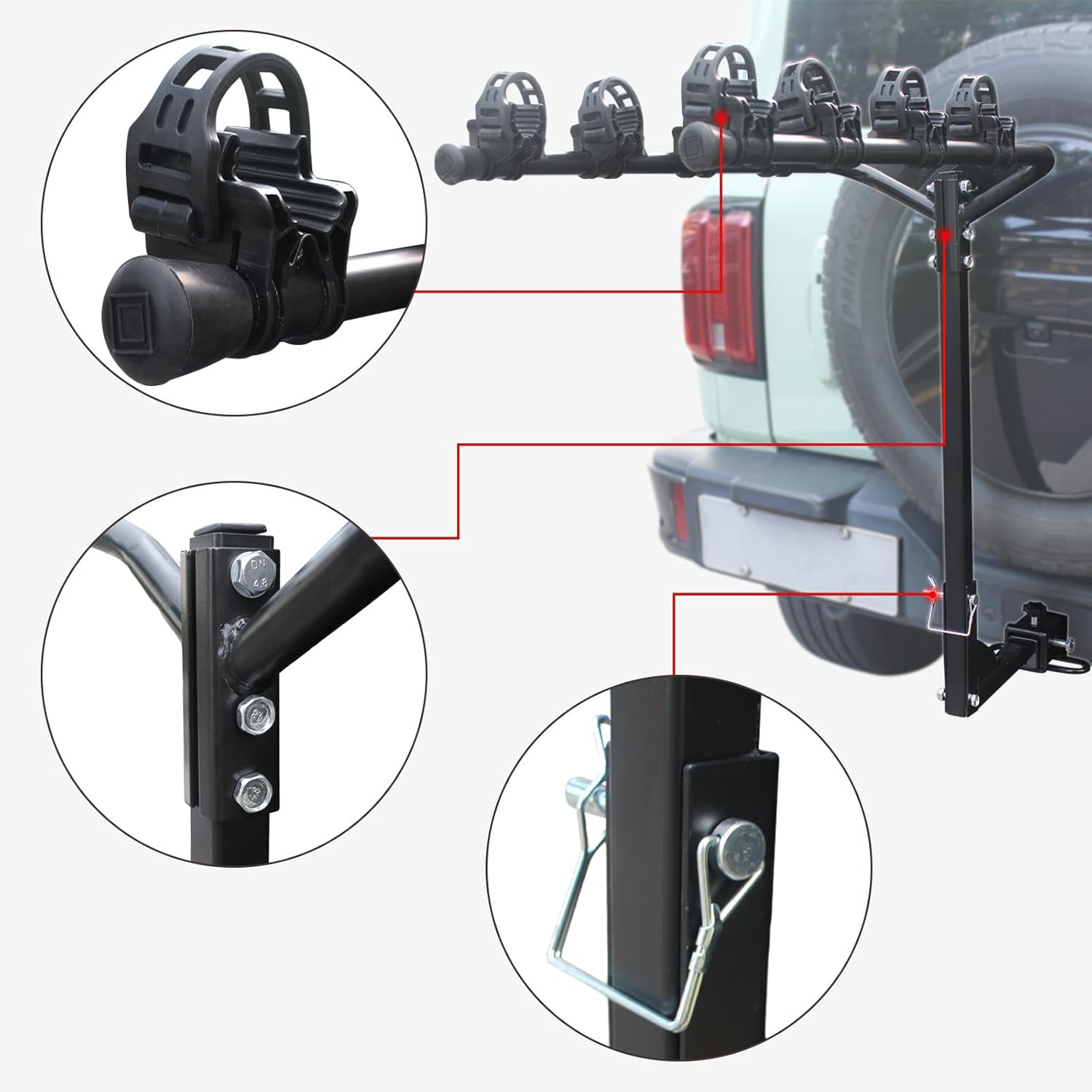Soporte de enganche para 4 bicicletas, soporte de bicicleta de enganche de 158 libras, capacidad de peso pesado para neumáticos estándar, gruesos y