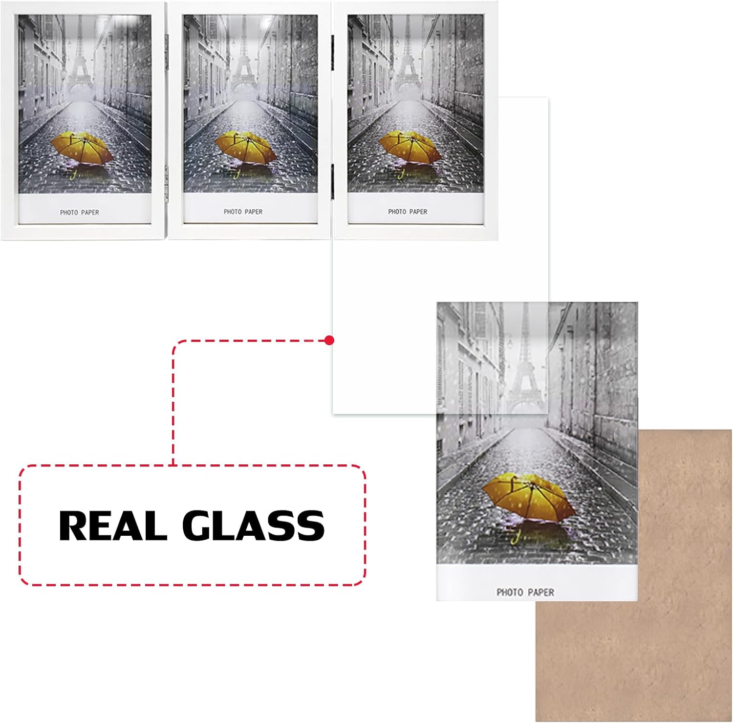 TOFOREVO Marco de fotos de madera triple de 4 x 6 pulgadas, con tres bisagras, soporte de cristal verticalmente en escritorio o mesa, color blanco