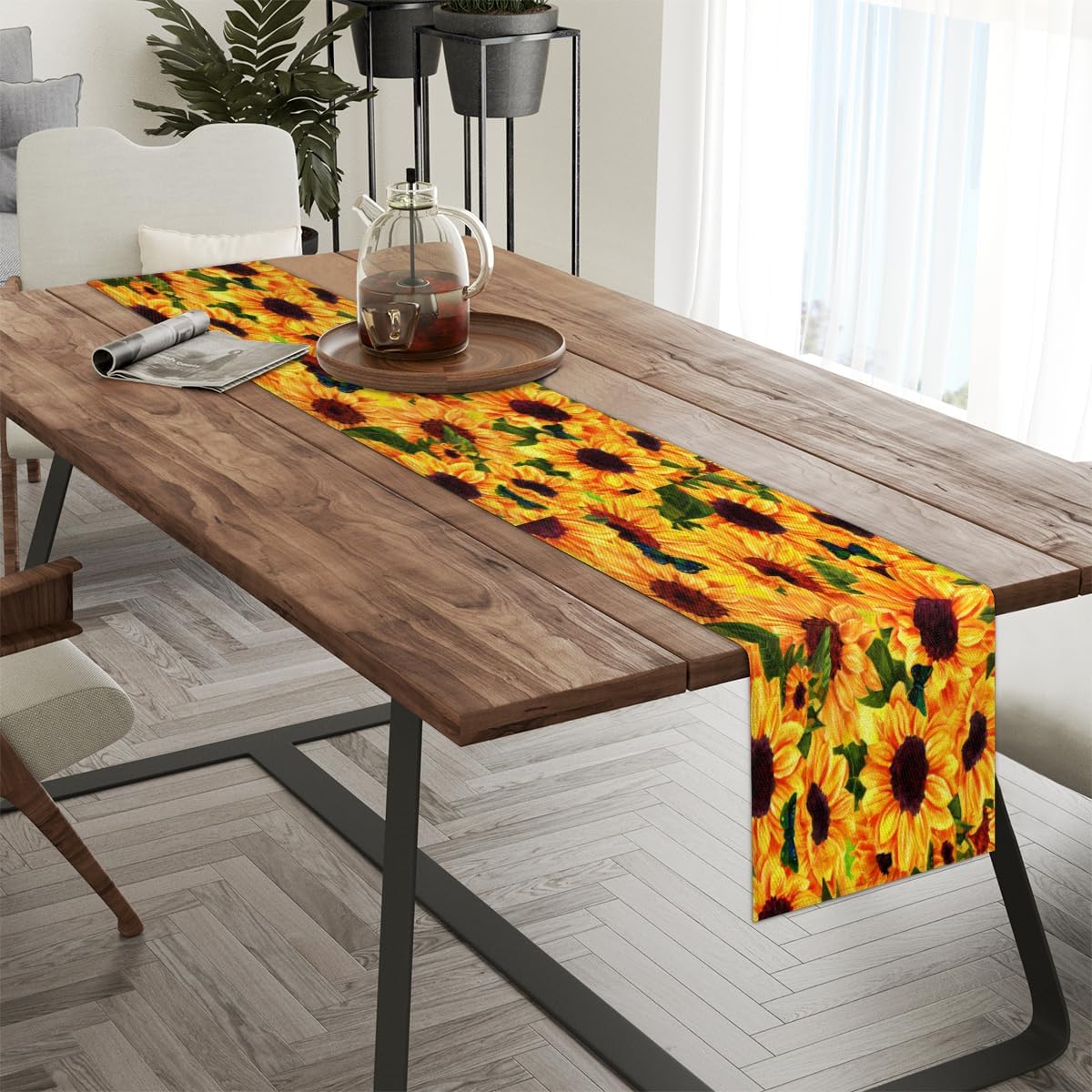 Table Runner Sunflower Butterfly, Rustic Linen Table Cloth for Farmhouse Kitchen, Dinner, Events, Party, Holiday Table Decor 13 x 120 Inches