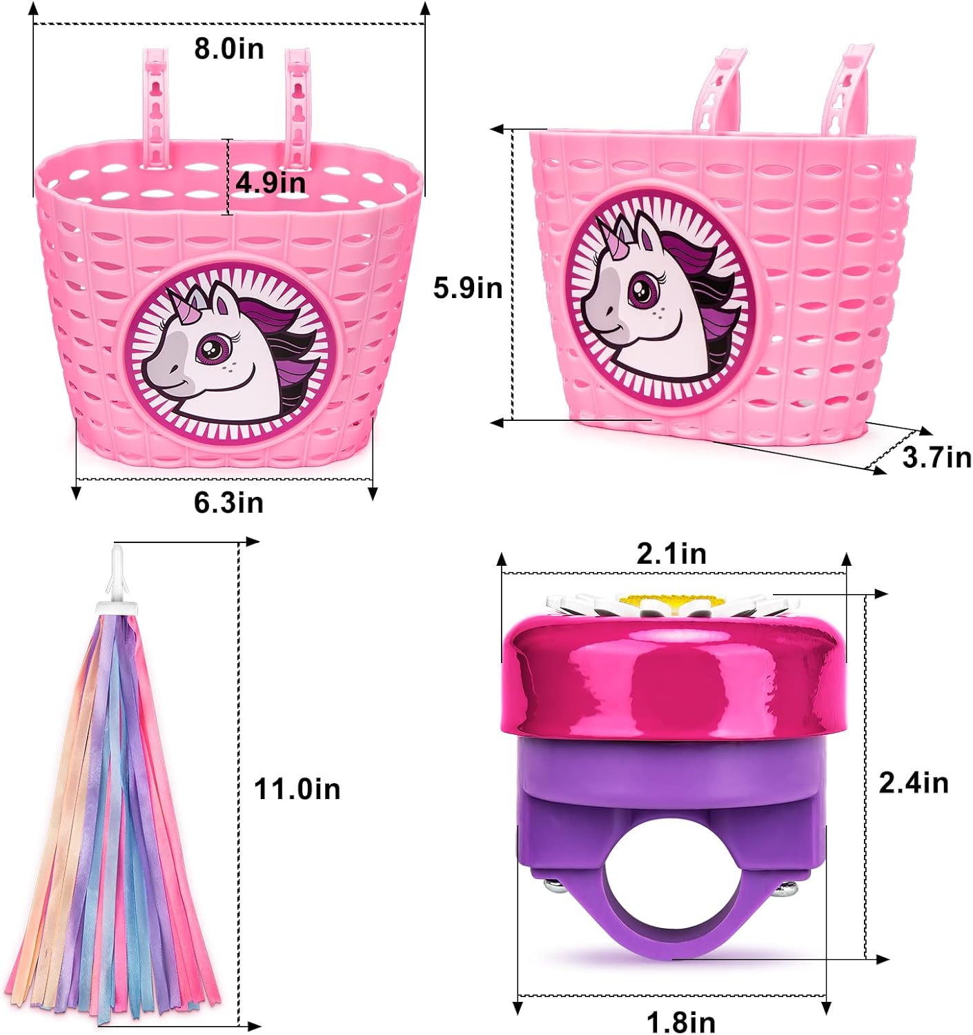 Cesta de bicicleta para niñas, cesta de bicicleta para manillar con pulsera de unicornio, campana, serpentinas, calcomanías, gafas de sol para