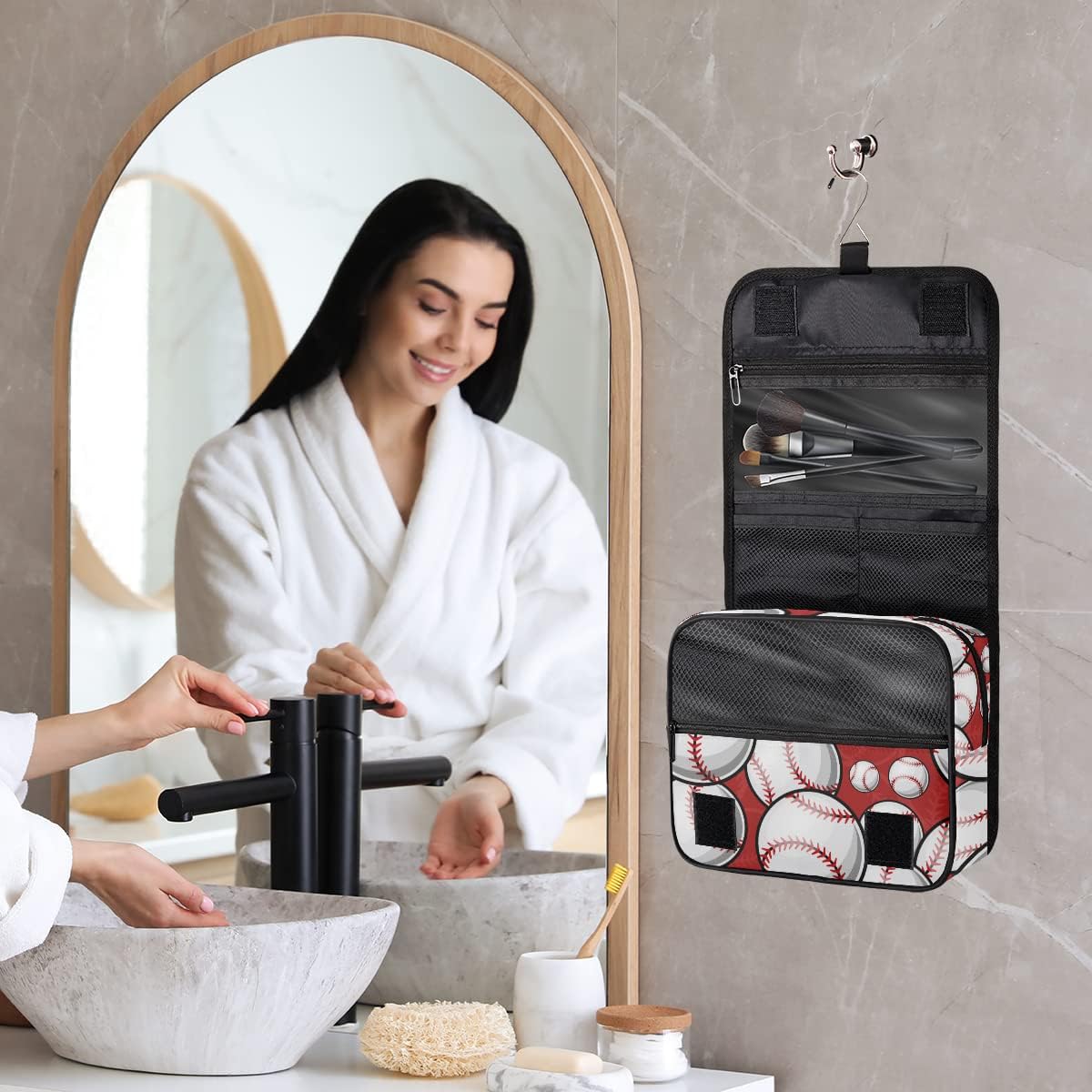 Neceser deportivo de béisbol para mujeres y hombres con gancho para colgar, patrón de béisbol, bolsa de cosméticos de viaje, estuche de maquillaje,