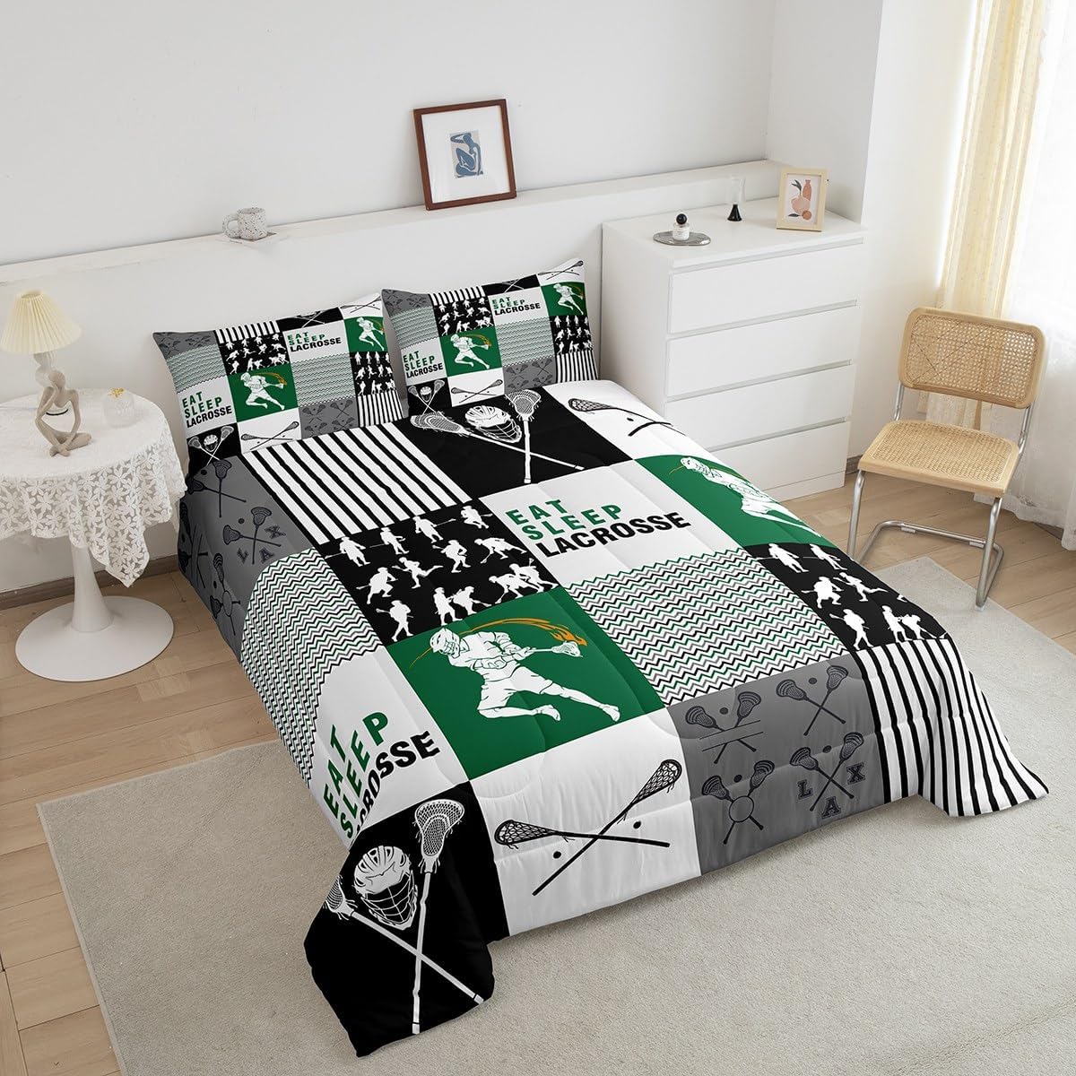 Erosebridal Eat Sleep – Edredón de lacrosse para niños, jóvenes y adultos, ropa de cama matrimonial de jugador de lacrosse, juego de edredón con