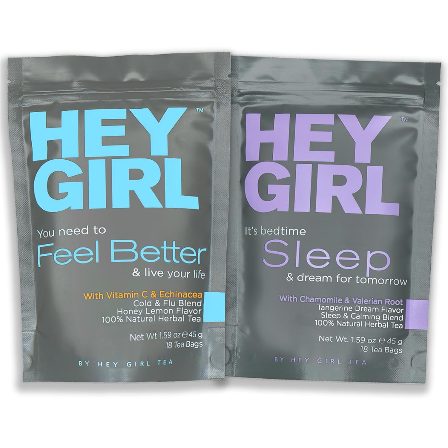 Hey Girl Sleep + Feel Better Tea Bundle – Té para dormir con manzanilla, raíz de valeriana y bálsamo de limón en bolsas de té + té de hierbas Feel