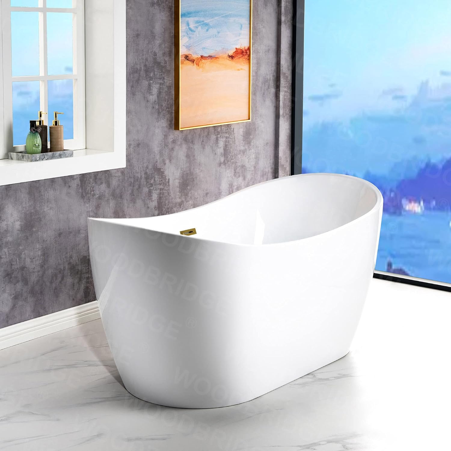 WOODBRIDGE BTA1516-BG-Drain-&O – Bañera de acrílico independiente de 59 pulgadas con desbordamiento y drenaje de oro cepillado, BTA1516-BG-Drain-&O