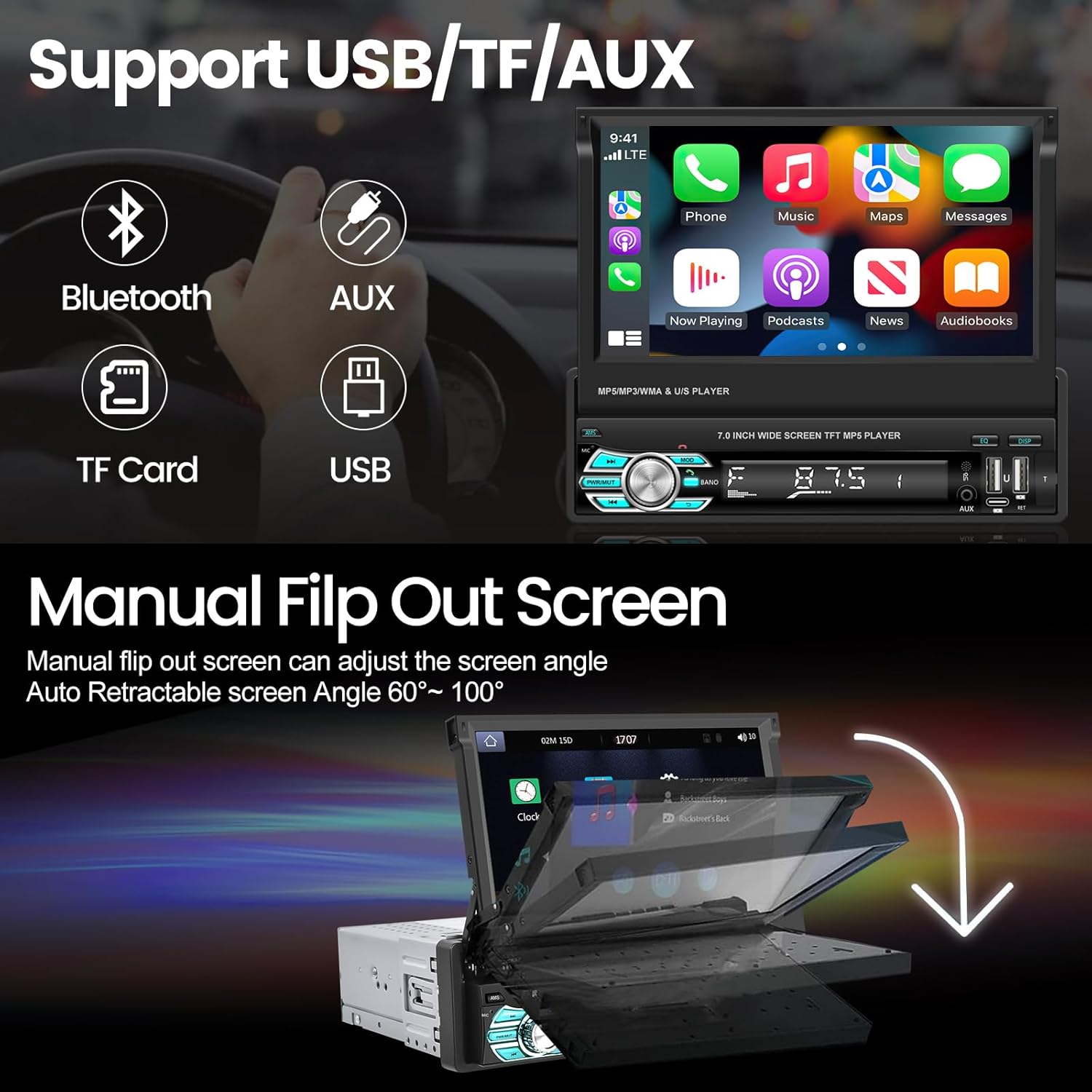 Radio de coche de un solo DIN con Bluetooth, Carplay inalámbrico y Android Auto, pantalla abatible de 7 pulgadas, soporte estéreo retráctil para