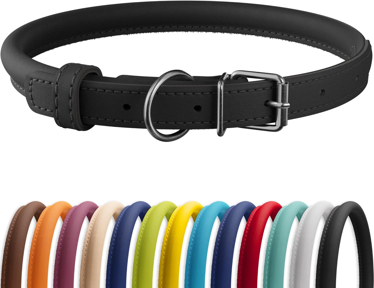 CollarDirect Collar de perro de cuero enrollado, collar redondo acolchado suave para cachorros, collar de cuero genuino hecho a mano, collares para