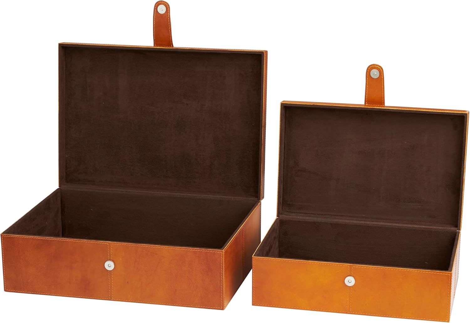 Deco 79 Caja decorativa de cuero hecha a mano con cierre frontal a presión y costuras detalladas, juego de 2 cajas de almacenamiento de 17 pulgadas,