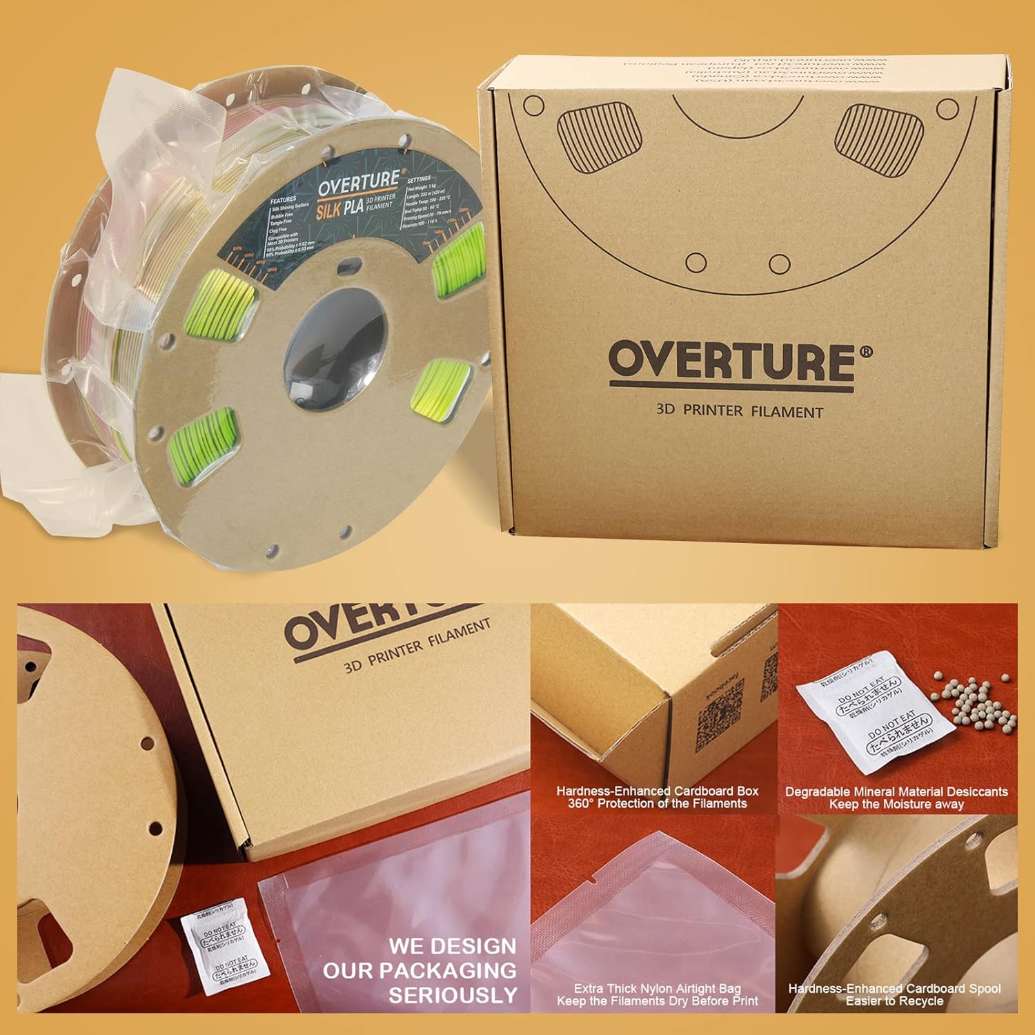 OVERTURE Filamento PLA de seda de doble color de 0.069 pulgadas, filamento de impresora 3D brillante sin obstrucciones, carrete de 2.2 libras,