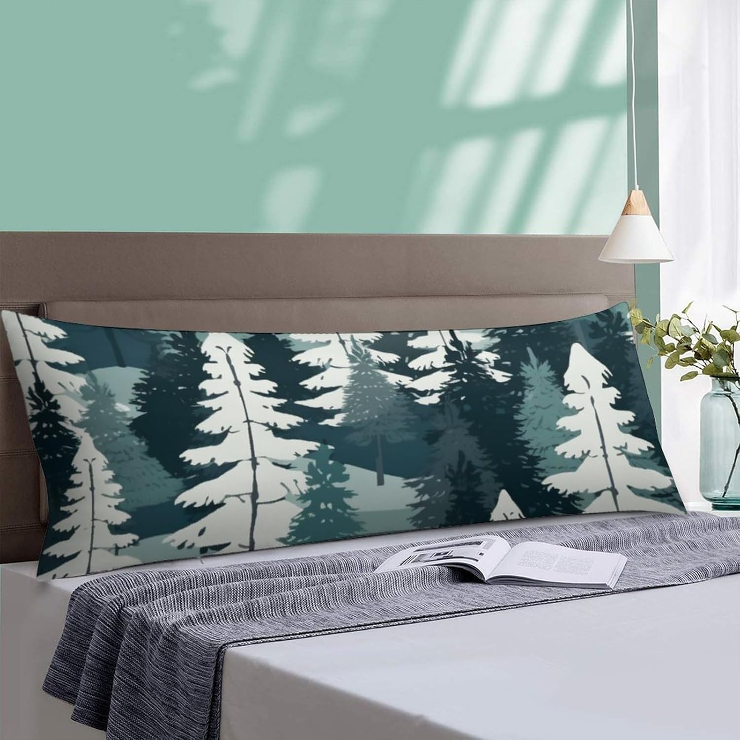 Funda de almohada corporal con diseño de bosque nevado de invierno, pinos, escena, respaldo largo, funda protectora de almohada para feliz año