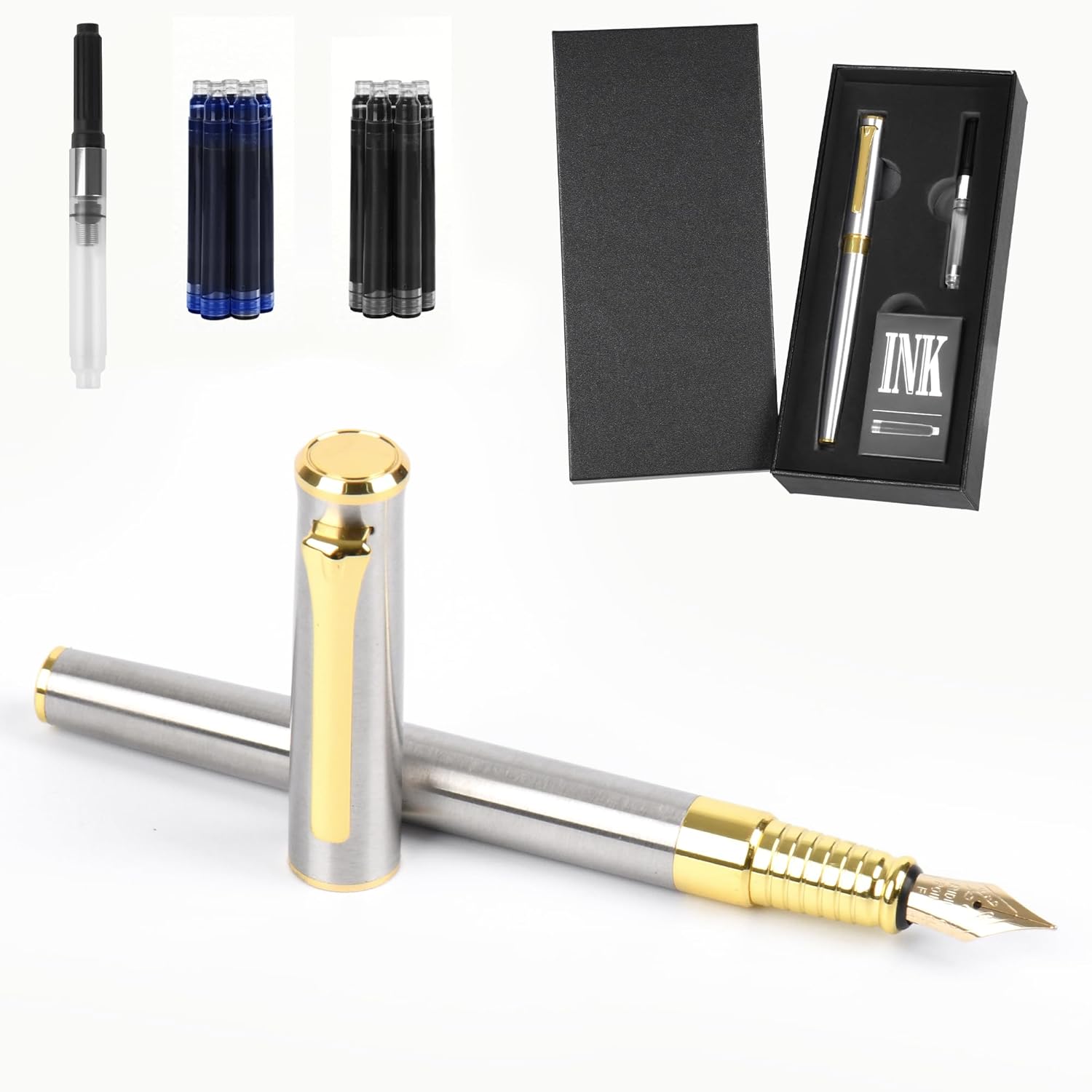 lucilynx Pluma estilográfica con punta media, incluye 10 cartuchos de tinta, 2 convertidores de recarga de tinta y caja de regalo premium, pluma