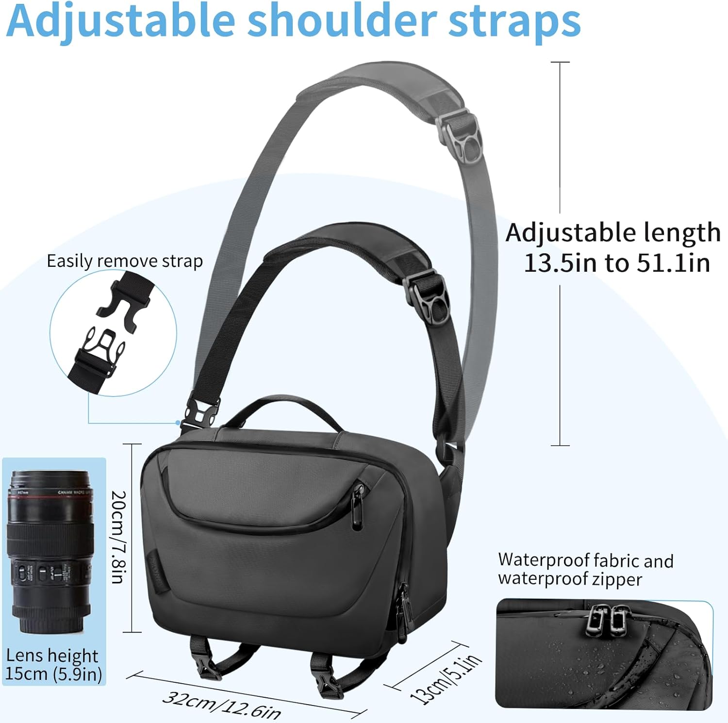 Bolsa bandolera para cámara, funda impermeable para cámara con soporte para trípode, DSLRSLRSLRsin espejo, bolsa cruzada para fotógrafos, color negro
