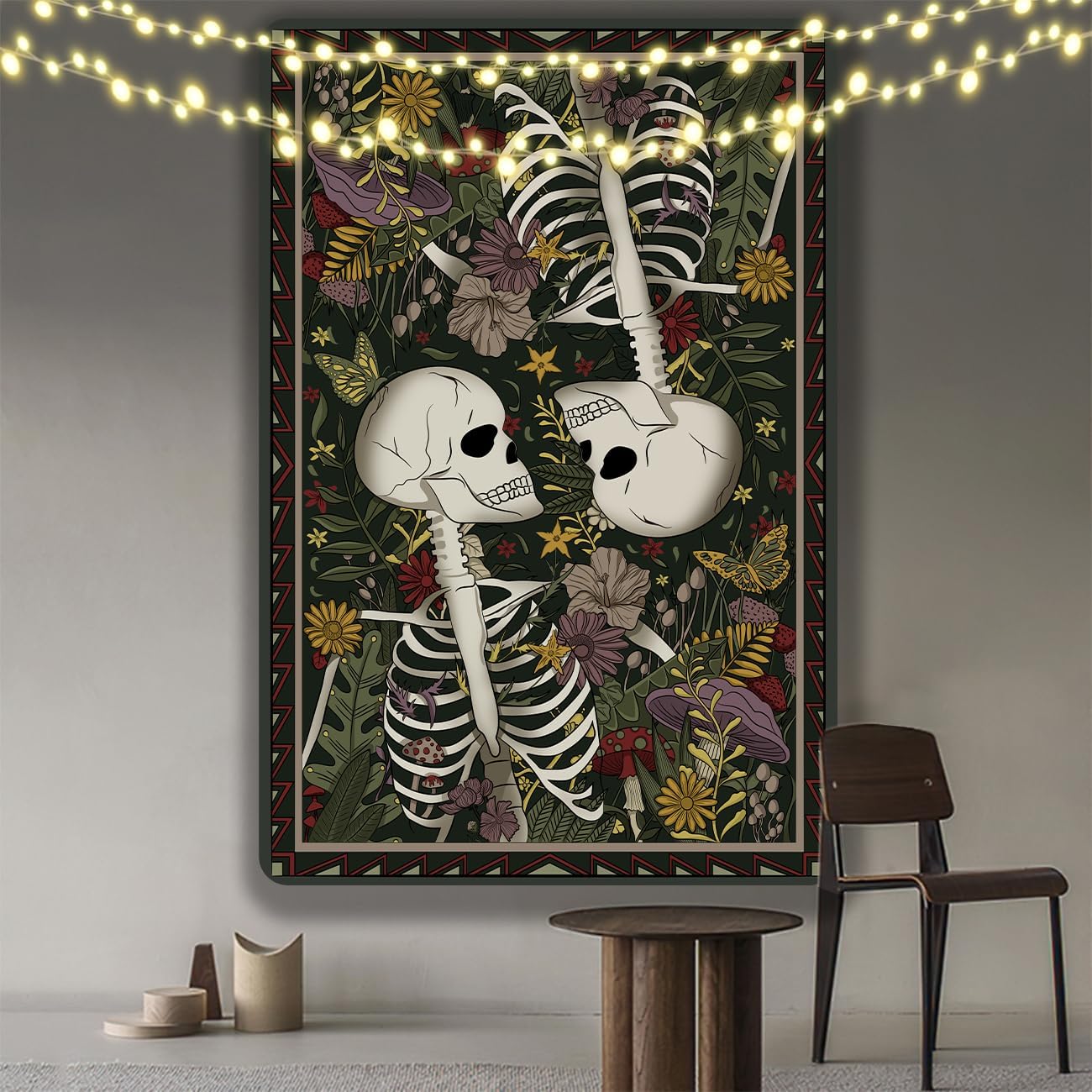 MAMHSABC Tapiz vintage de esqueleto, tapiz de calavera, tapiz de jardín, hongos, flores, plantas, tapiz de amor, tapiz colgante de pared para
