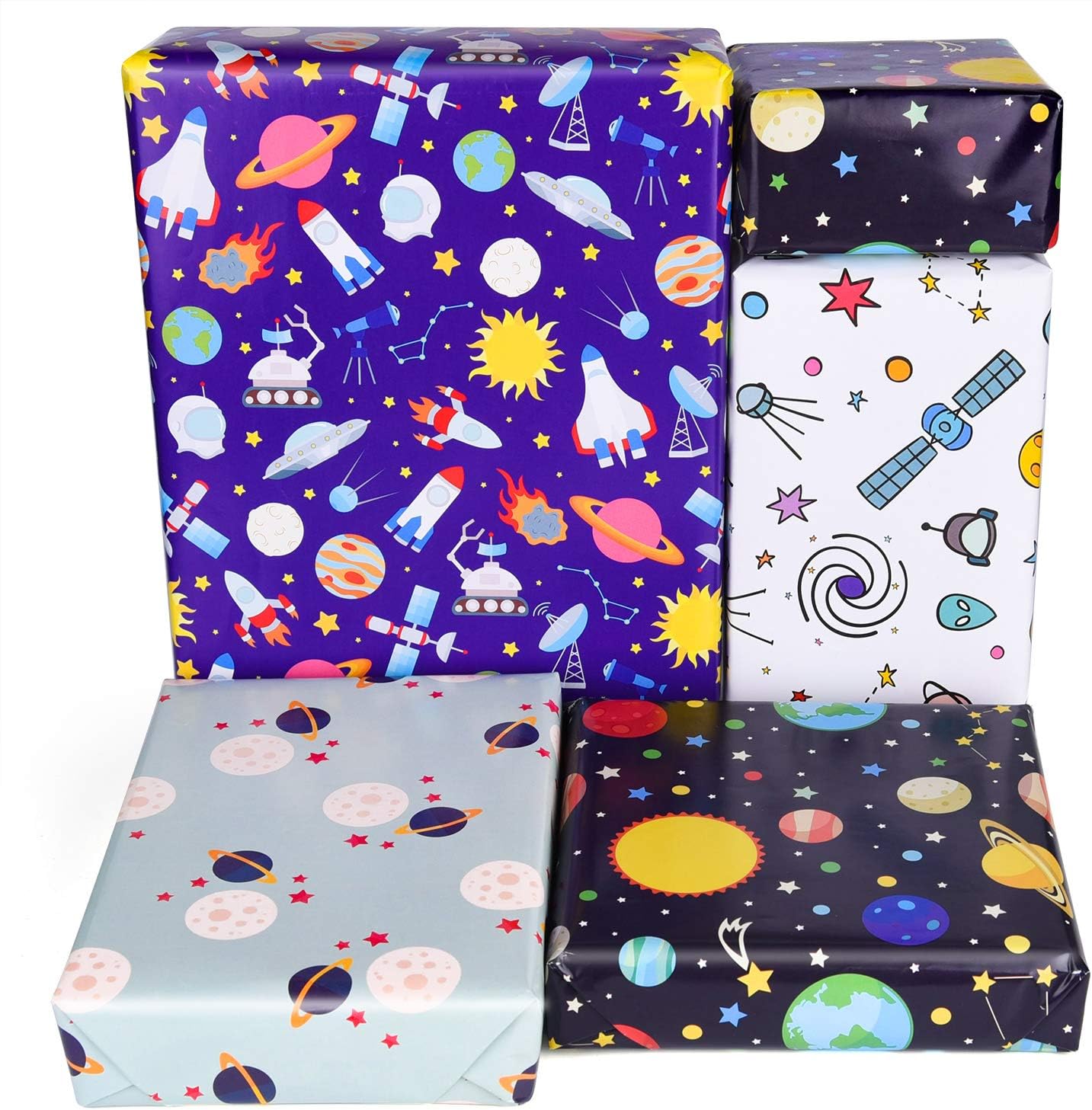 PLULON 6 hojas de papel de regalo de cumpleaños, diseño del espacio exterior para niños, regalo de fiesta de cumpleaños y baby shower