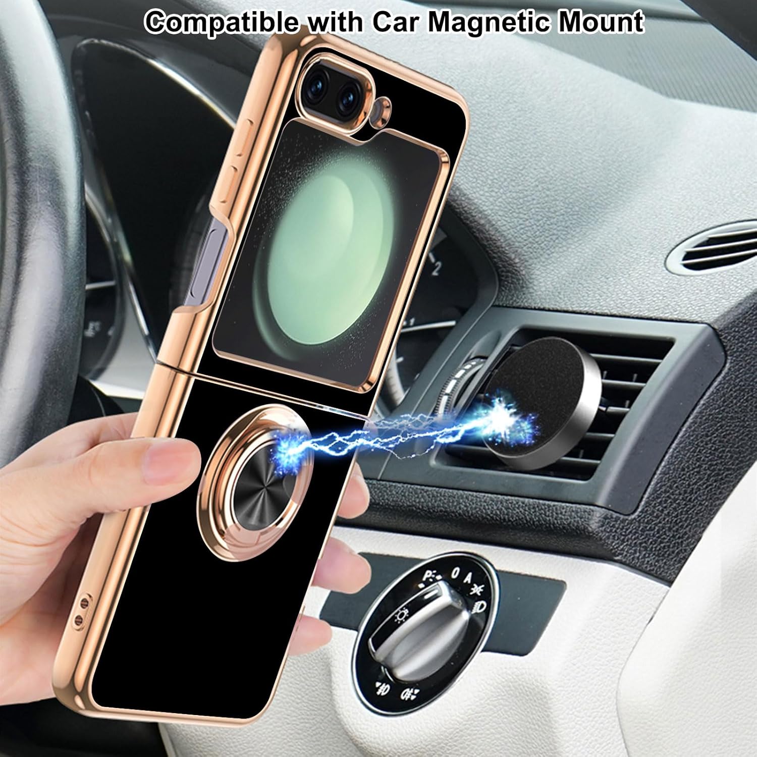 Funda compatible con Samsung Galaxy Z Flip 5 con 1 protector de pantalla frontal, soporte de anillo de rotación de 360 integrado, soporte magnético,