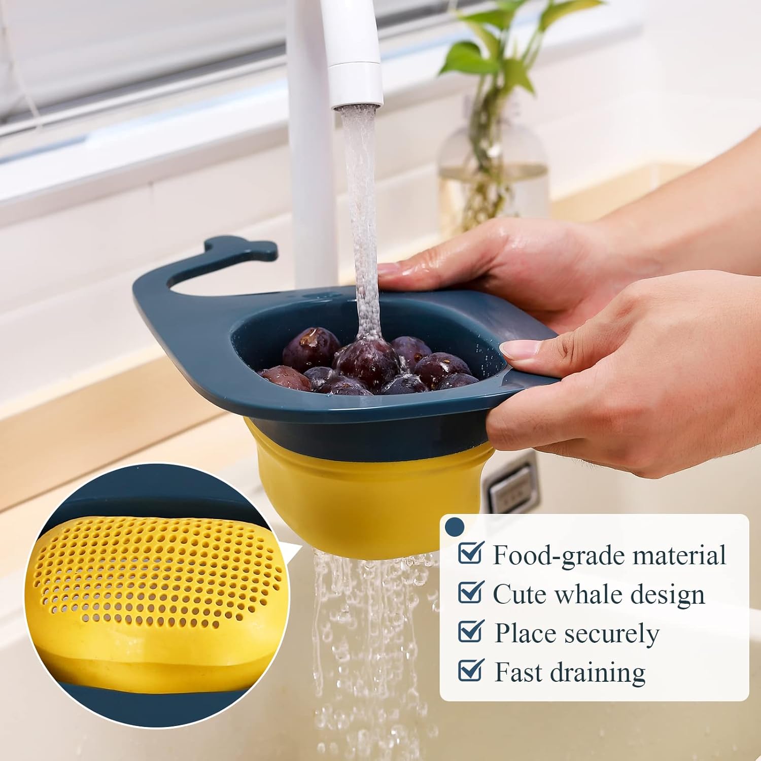 Cesta de drenaje para fregadero de cocina, colador de malla plegable multifuncional en forma de ballena, colador de esquina para fregadero para