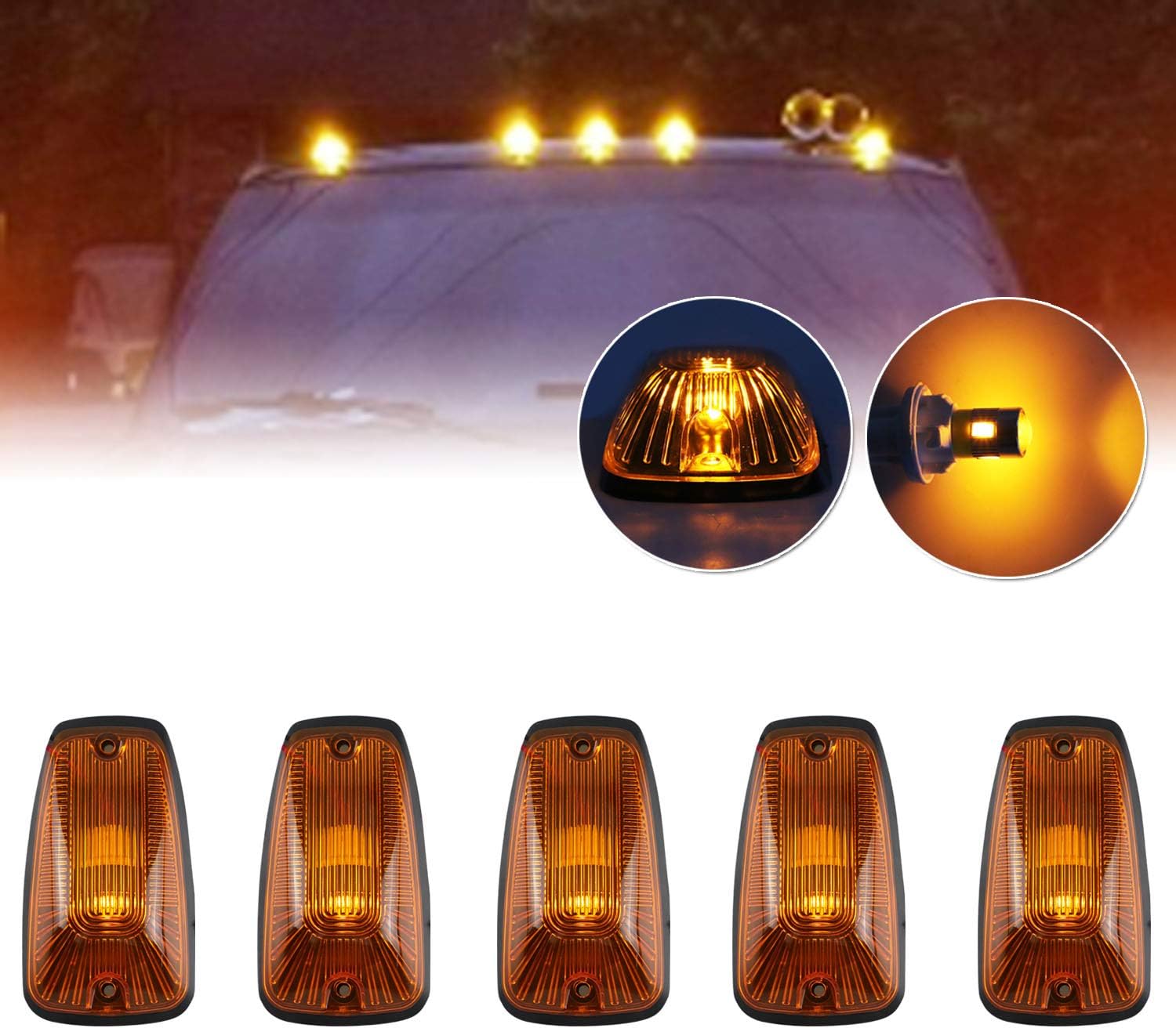 Cab Maker – Base de luz de techo + 5 bombillas LED ámbar T10 194 168 5050 para ChevyGMC C1500 C2500 C3500 K1500 K2500 K3500 1988-2000 camionetas