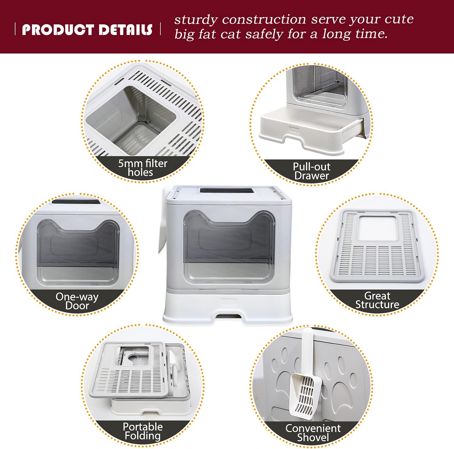 Naivees Caja de arena grande para gatos plegable con tapa de entrada superior, sin olor, fácil de limpiar con pala