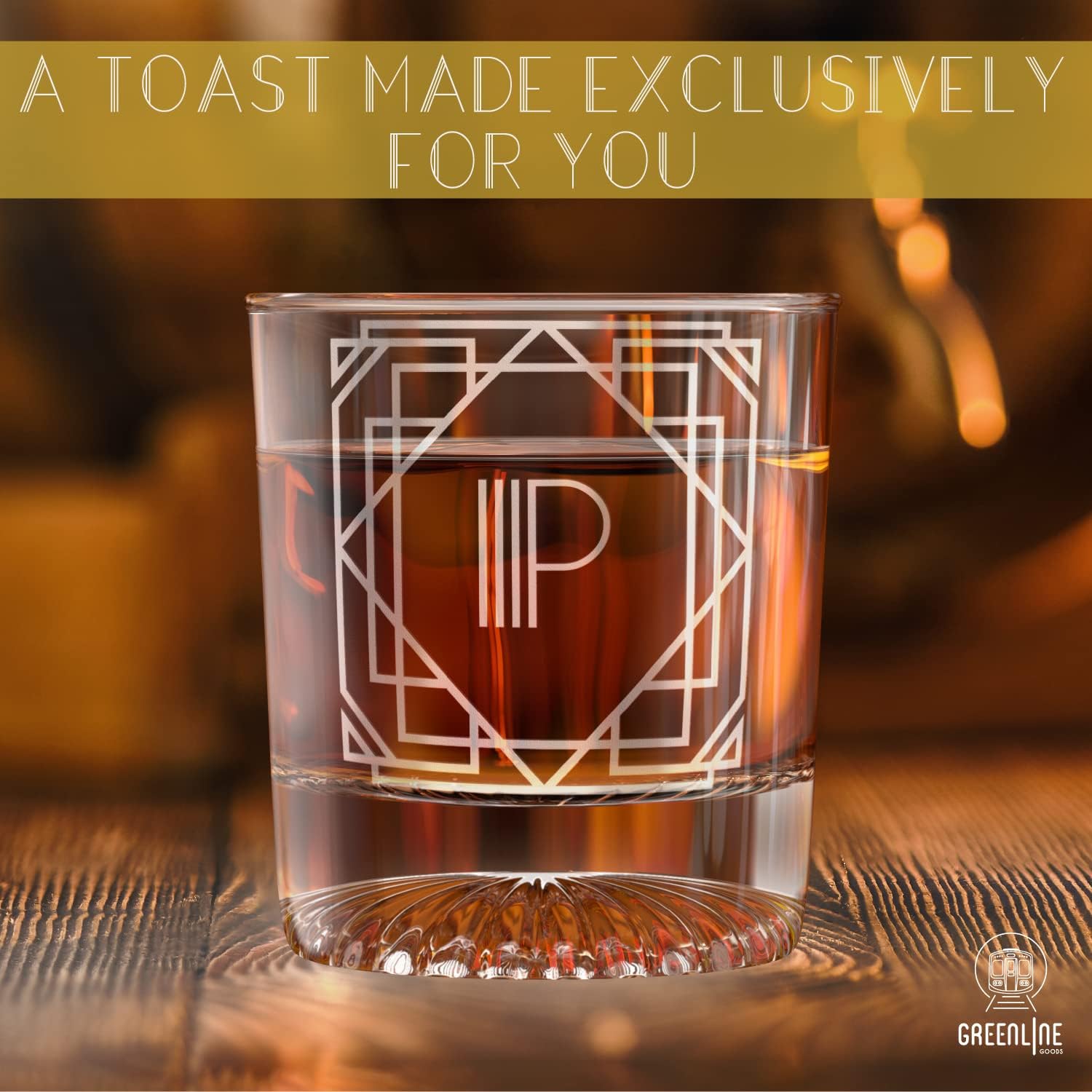 Greenline Goods – Monograma Art Deco Letra P Grabada Copa de whisky Perfecto para Bourbon, Scotch, Licor, Cóctel – Juego de 4 vasos de whisky de