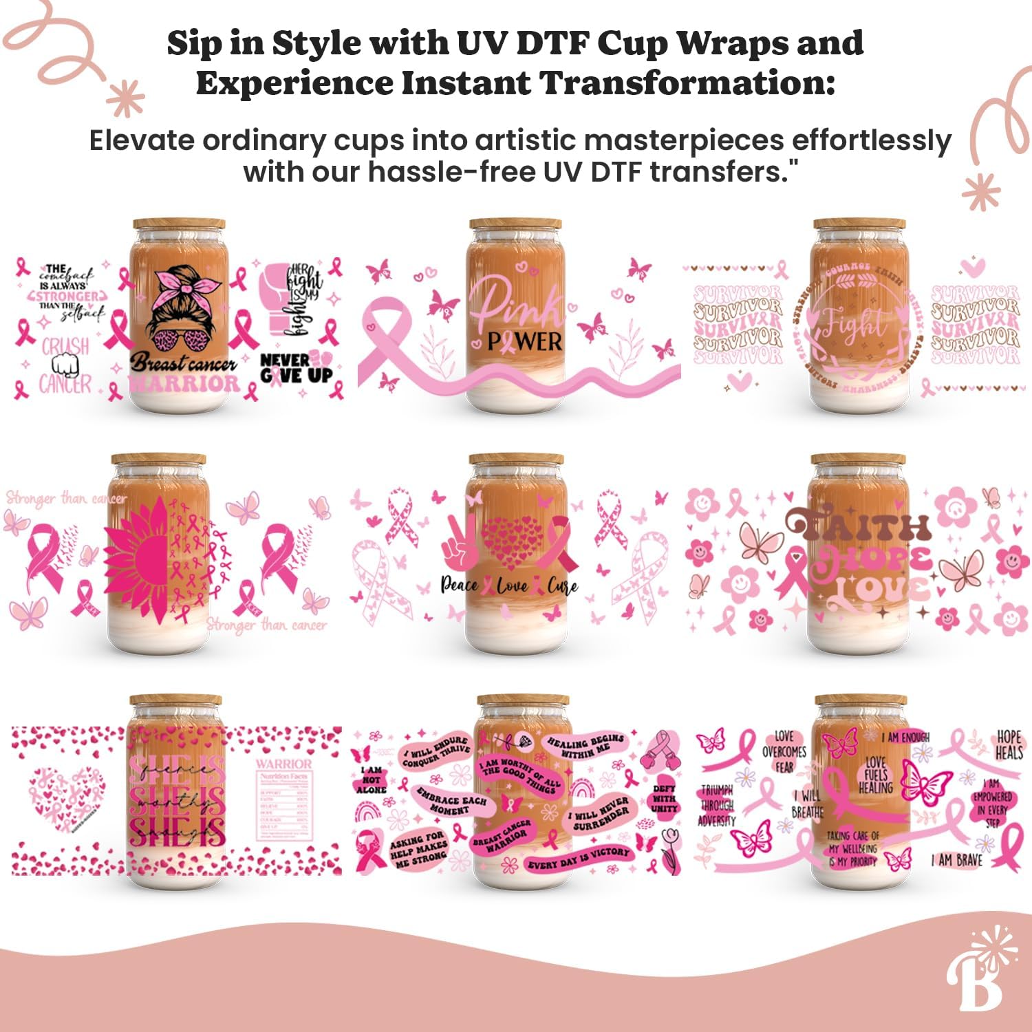 Envolturas de taza Uv Dtf para concientización sobre el cáncer de mama de 16 onzas, 9 hojas de calcomanías de transferencia Uvdtf a granel,