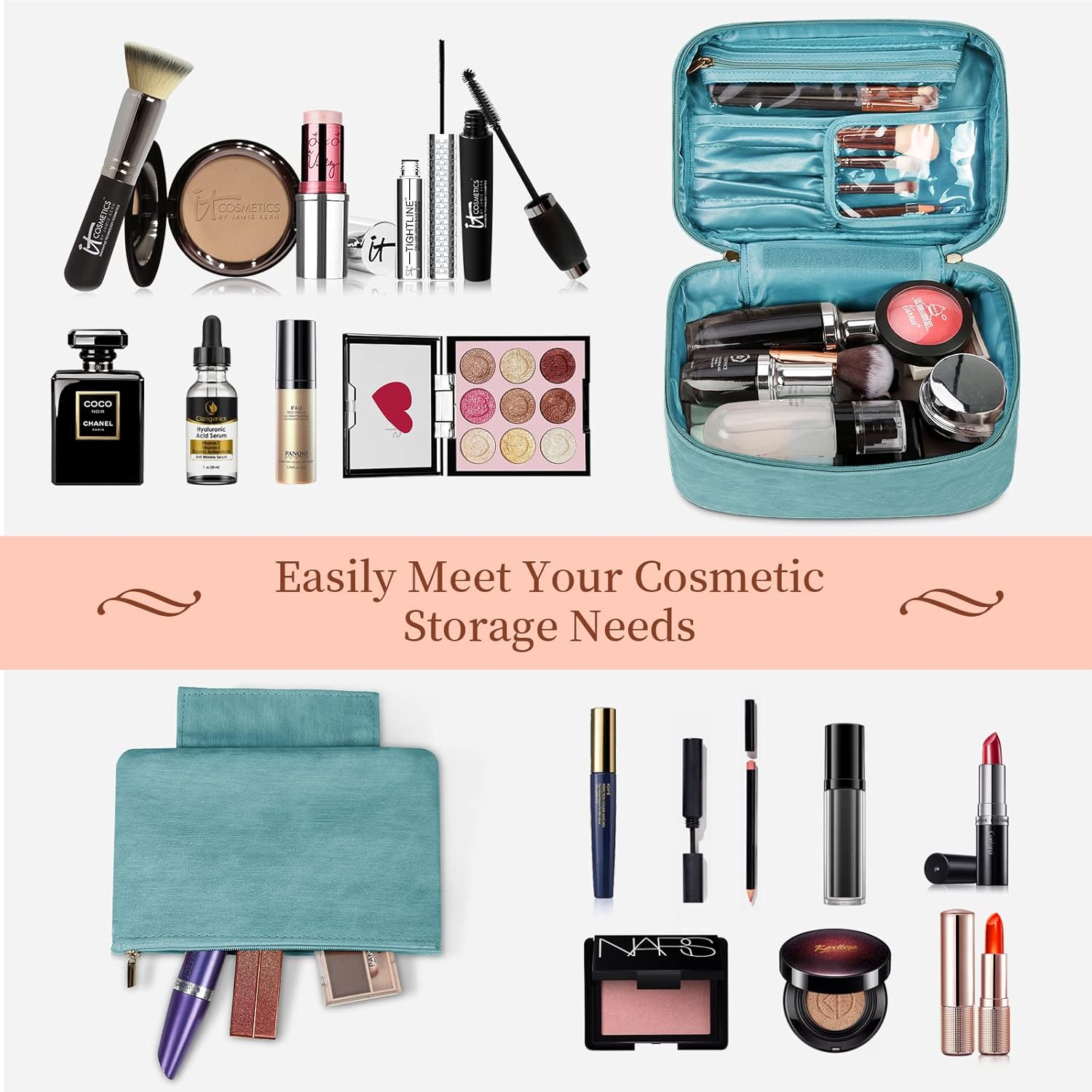 KTMOUW Bolsa de maquillaje impermeable para cosméticos, bolsa de viaje de maquillaje portátil, bolsa de brochas de maquillaje, bolsa organizadora de