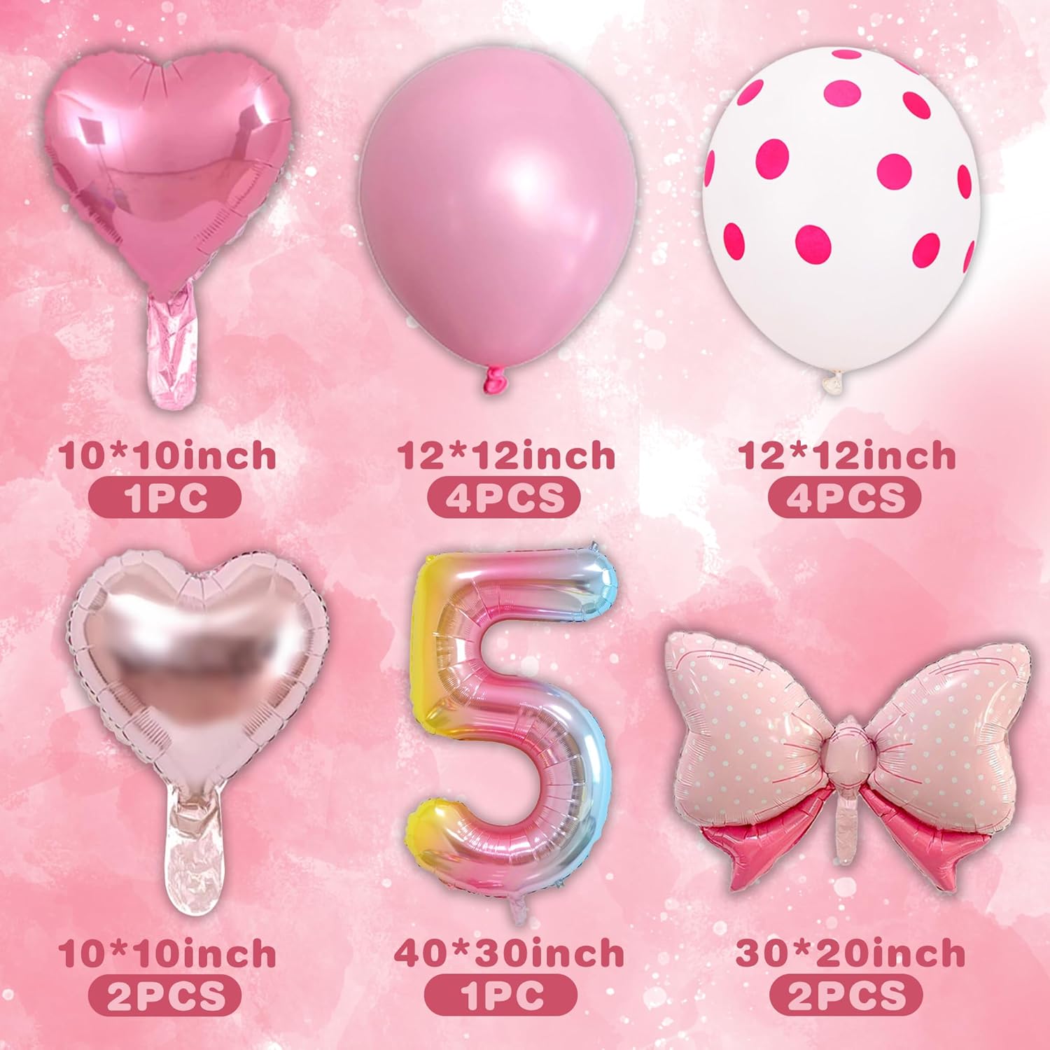 14 globos de fiesta de ratón, con lazo rosa, globos metálicos de papel de aluminio rosa intenso, incluye globo de cumpleaños del número 5, arco