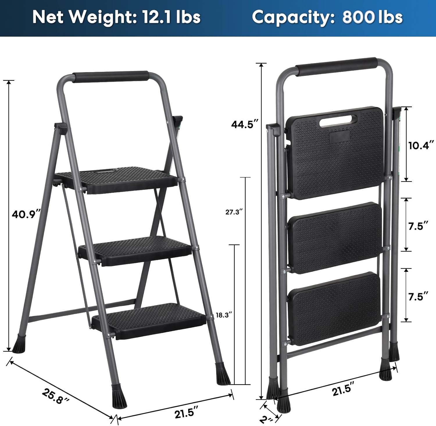 Escalera de 3 escalones, taburete plegable para adultos con asa, escalera de acero ligera y resistente con pedal antideslizante ancho, perfecto para