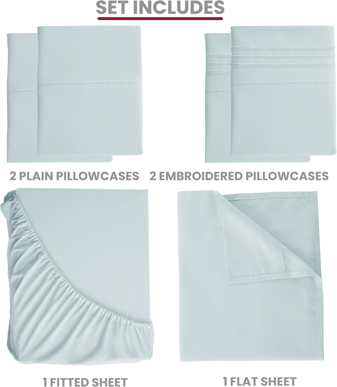 Lux Decor – Juego de sábanas de microfibra cepillada de 6 piezas con bolsillos de 16 pulgadas de profundidad, fundas de almohada bordadas y lisas,